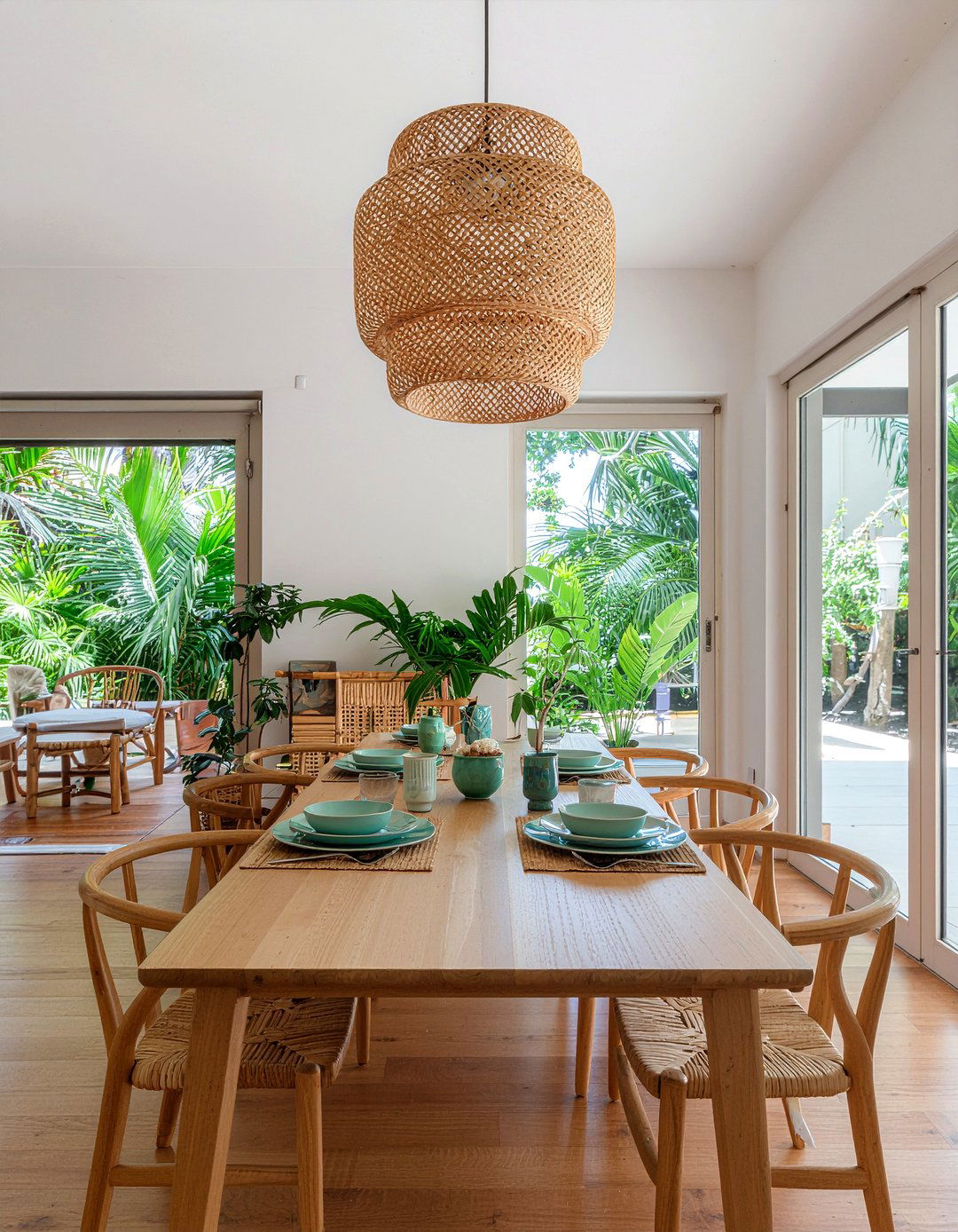 Wicker Light Fixture - 30 garden-inspired dining room ideas