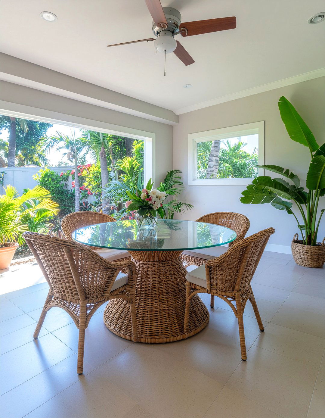 Wicker and glass dining table - 30 dining room material mixing ideas