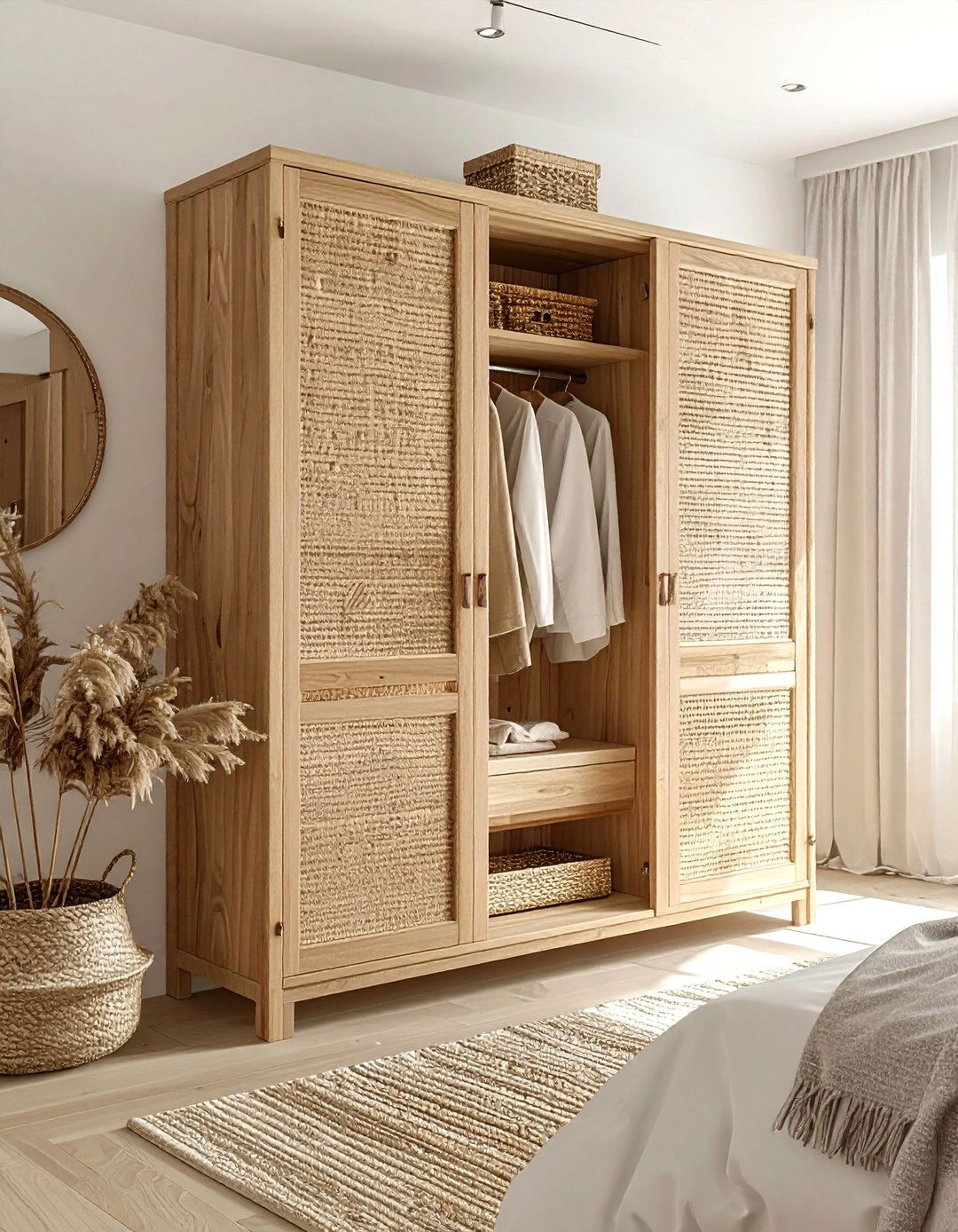 Wicker and oak wardrobe - 30 mixed material bedroom ideas
