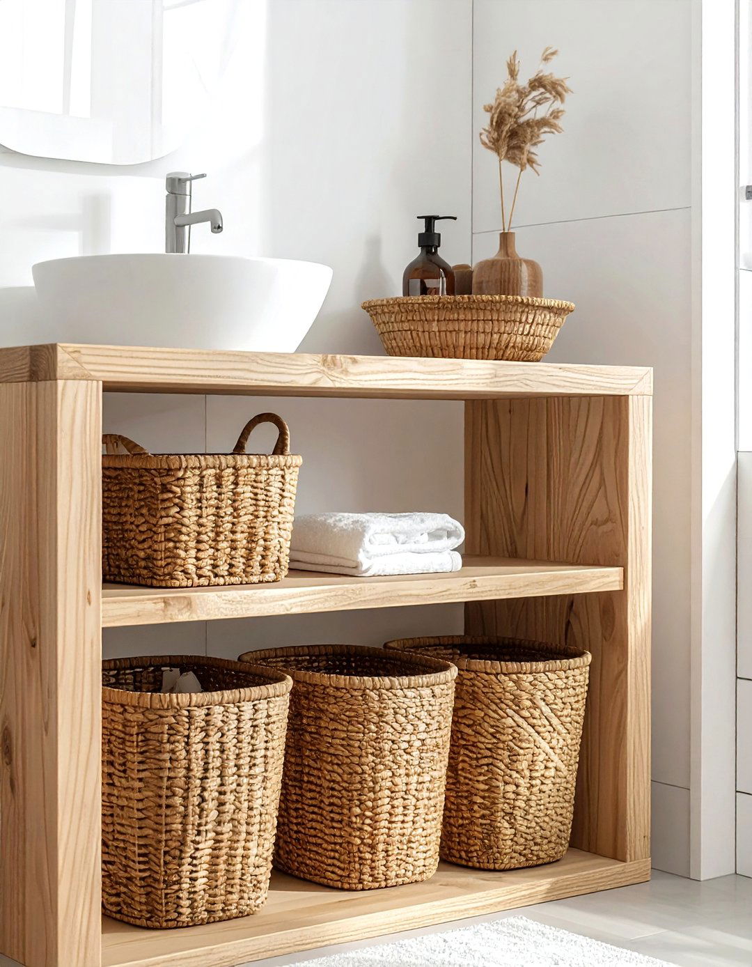 Wicker basket bin - 30 bathroom storage hacks