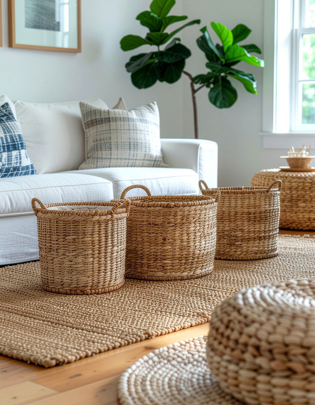 Wicker basket storage - 30 thrifted living room ideas