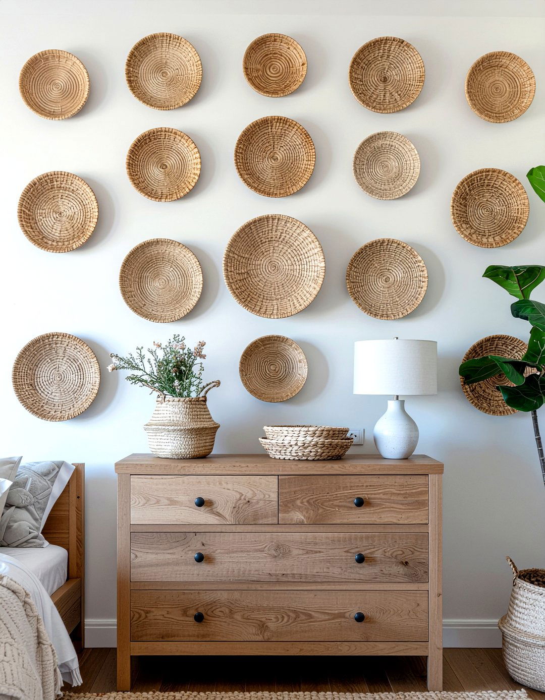 Wicker basket wall - 30 wicker bedroom ideas