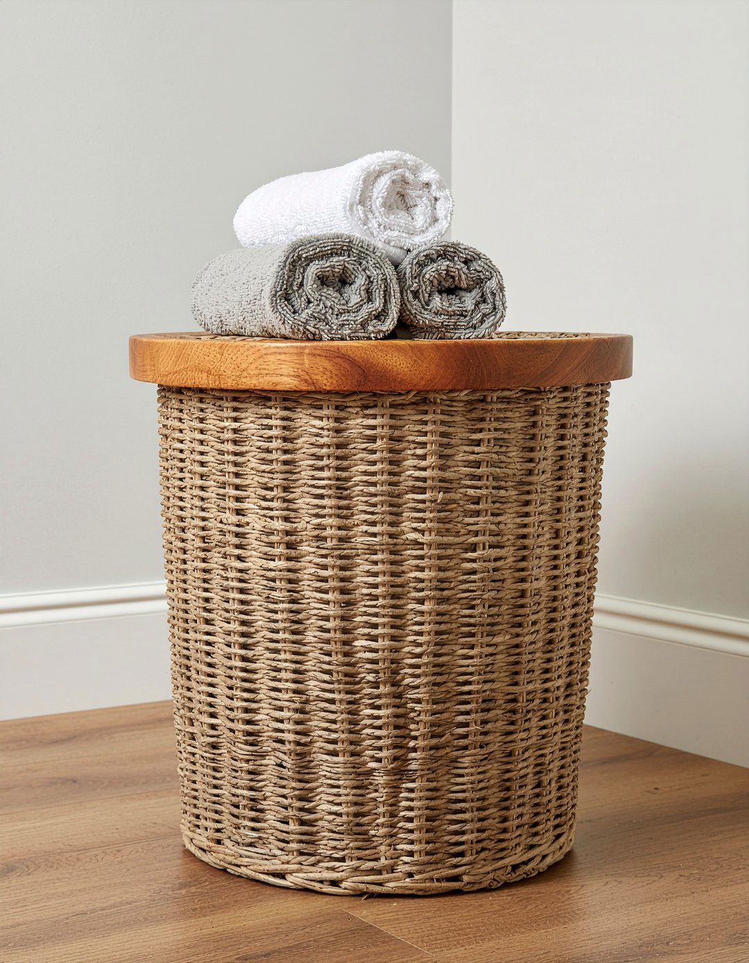 Wicker floor basket - 30 small bathroom storage ideas