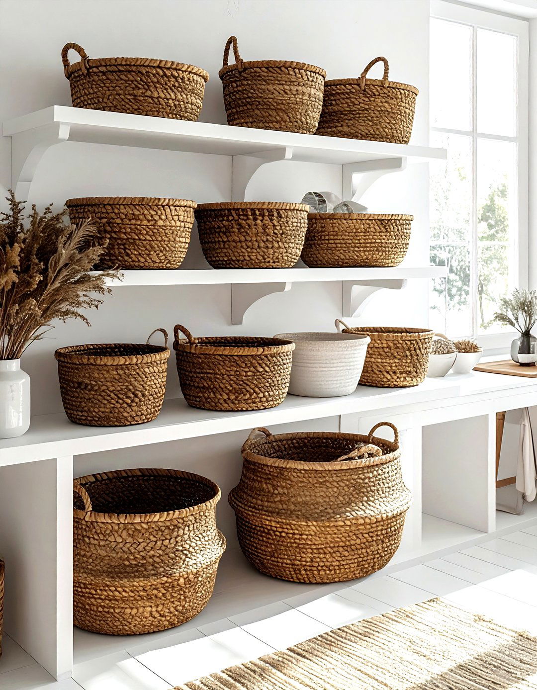 Wicker storage baskets - 30 white kitchen decor ideas