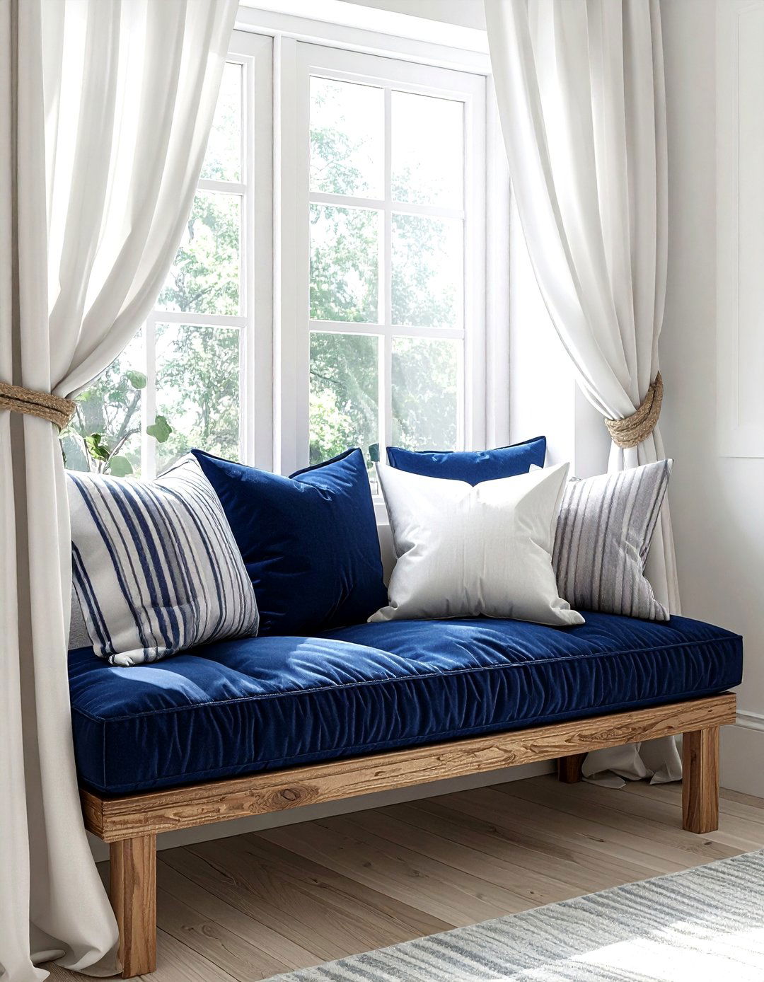 Window bench seat with cushions - 30 weekend decor project ideas