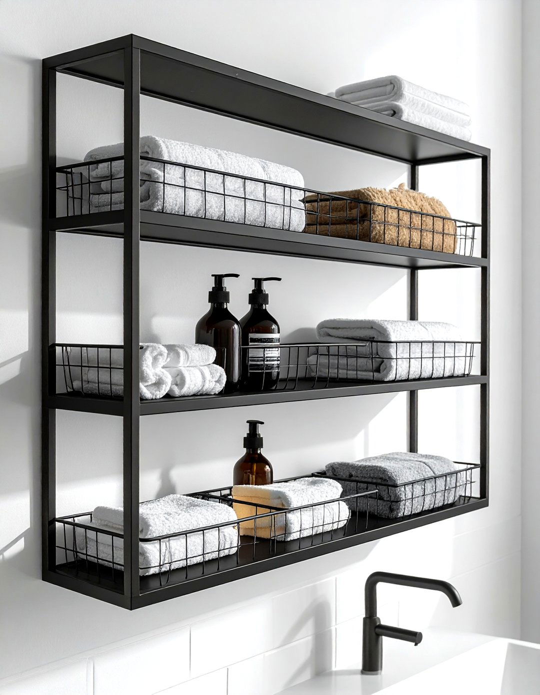 Wire basket wall shelves - 30 bathroom wall shelving ideas