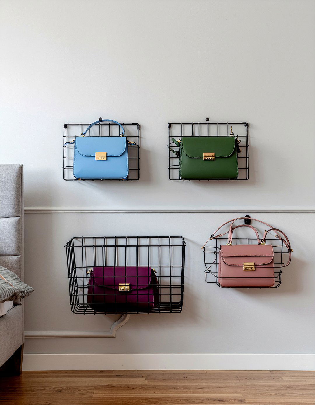 Wire basket wall storage - 30 bedroom bag storage ideas
