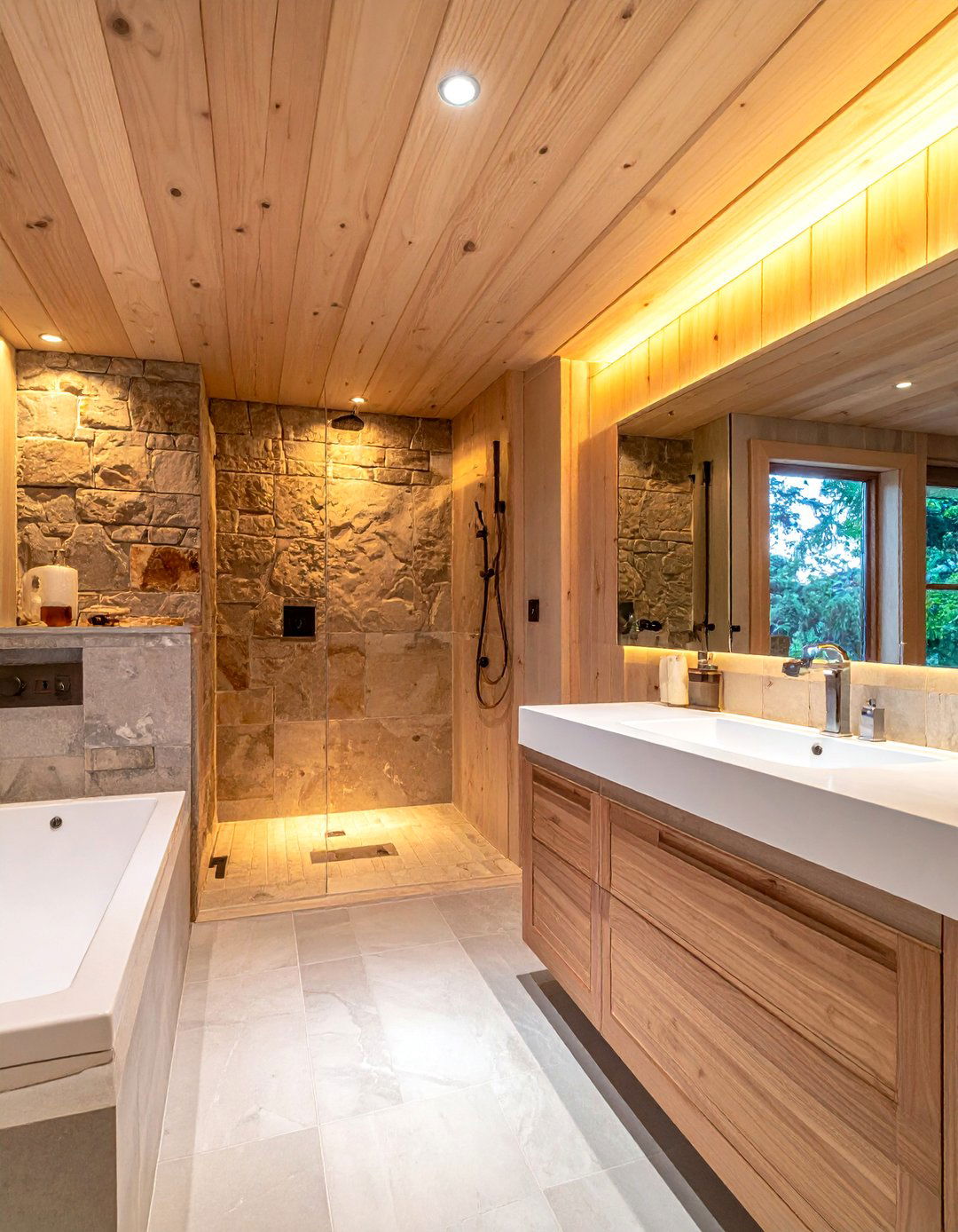 Wood Ceiling Planks - 30 bungalow bathroom ideas