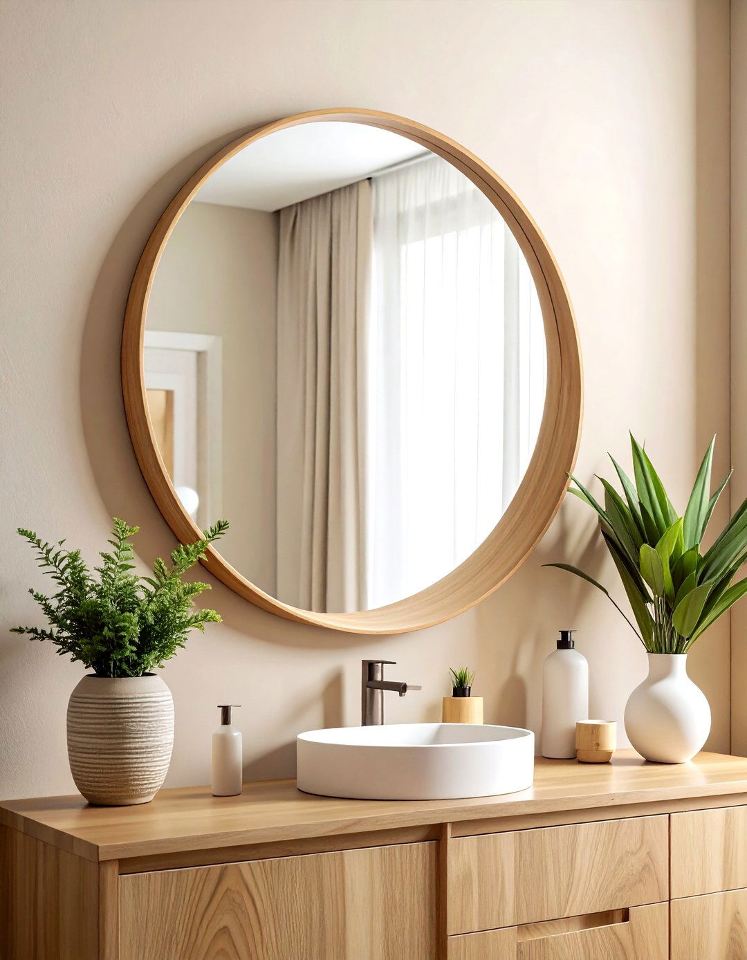 Wood Mirror Frame - 30 beige bathroom accessories ideas