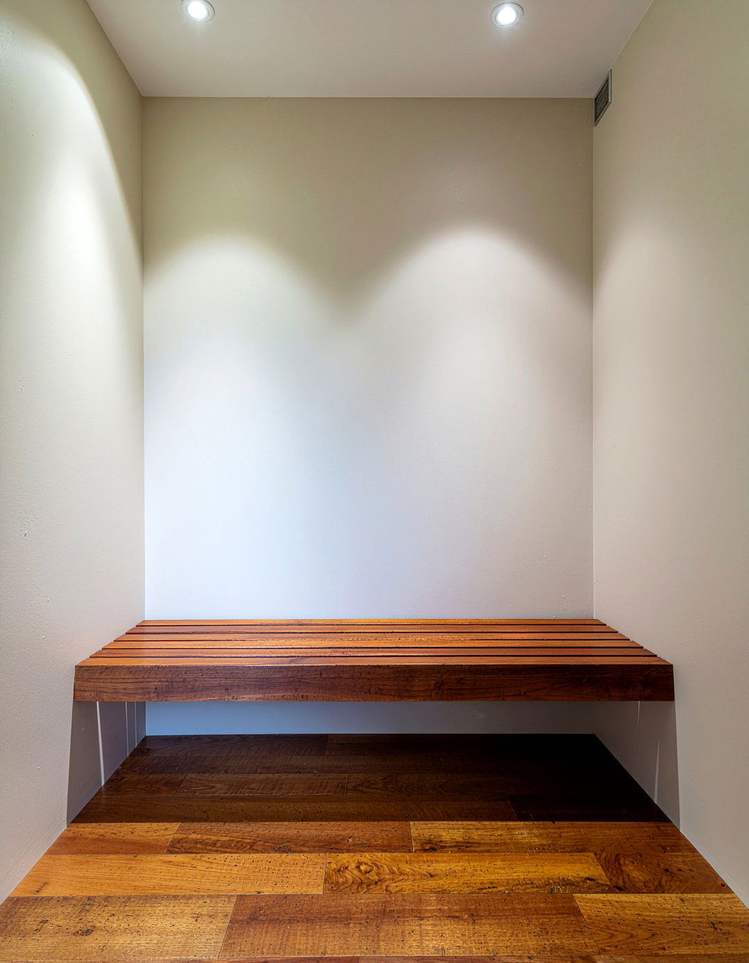 Wood Slat Bench - 30 bathroom high-low mixing ideas