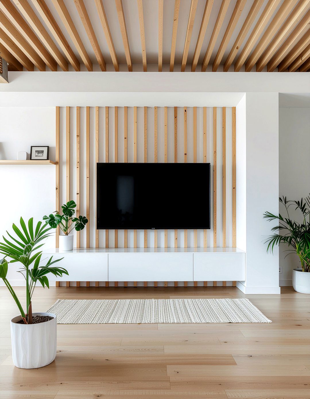 Wood Slat TV Wall - 30 living room tv niche ideas