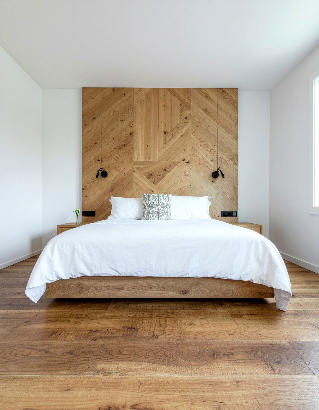 Wood Slat Wall - 30 bedroom floating headboard ideas
