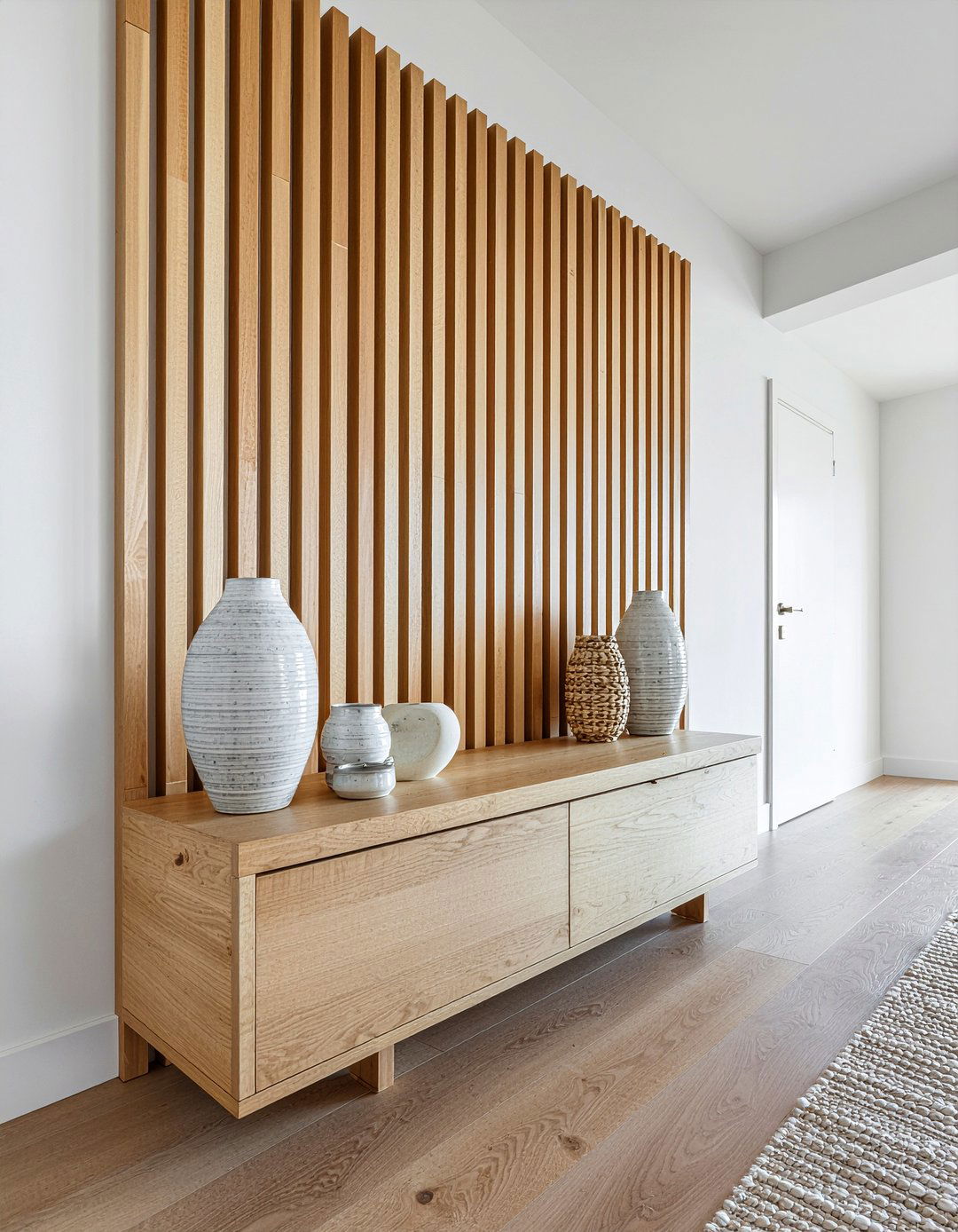 Wood Slat Wall - 30 warm minimalist living room ideas