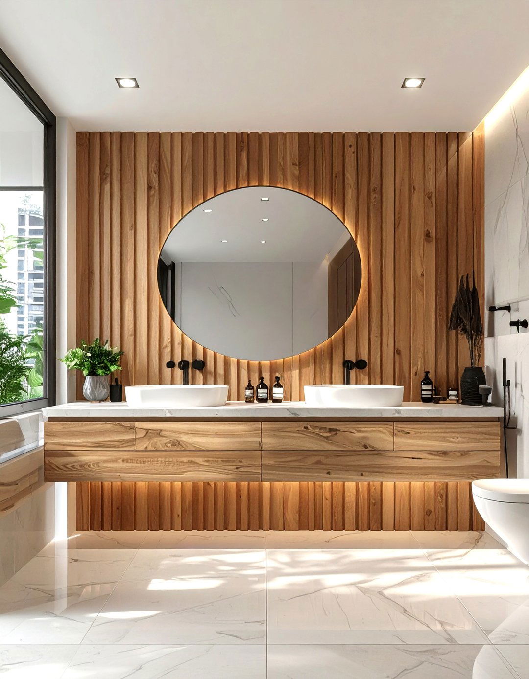 Wood Slat Wall Bathroom - 30 mid-century modern bathroom ideas