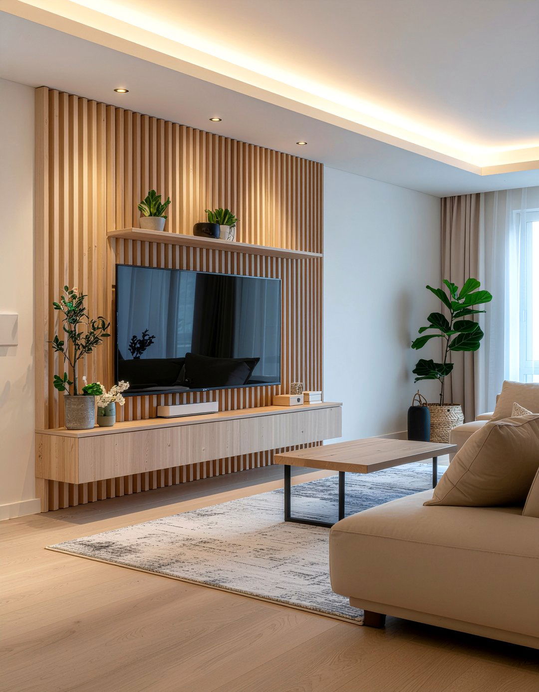 Wood Slat Wall TV Unit - 30 living room floating tv unit ideas