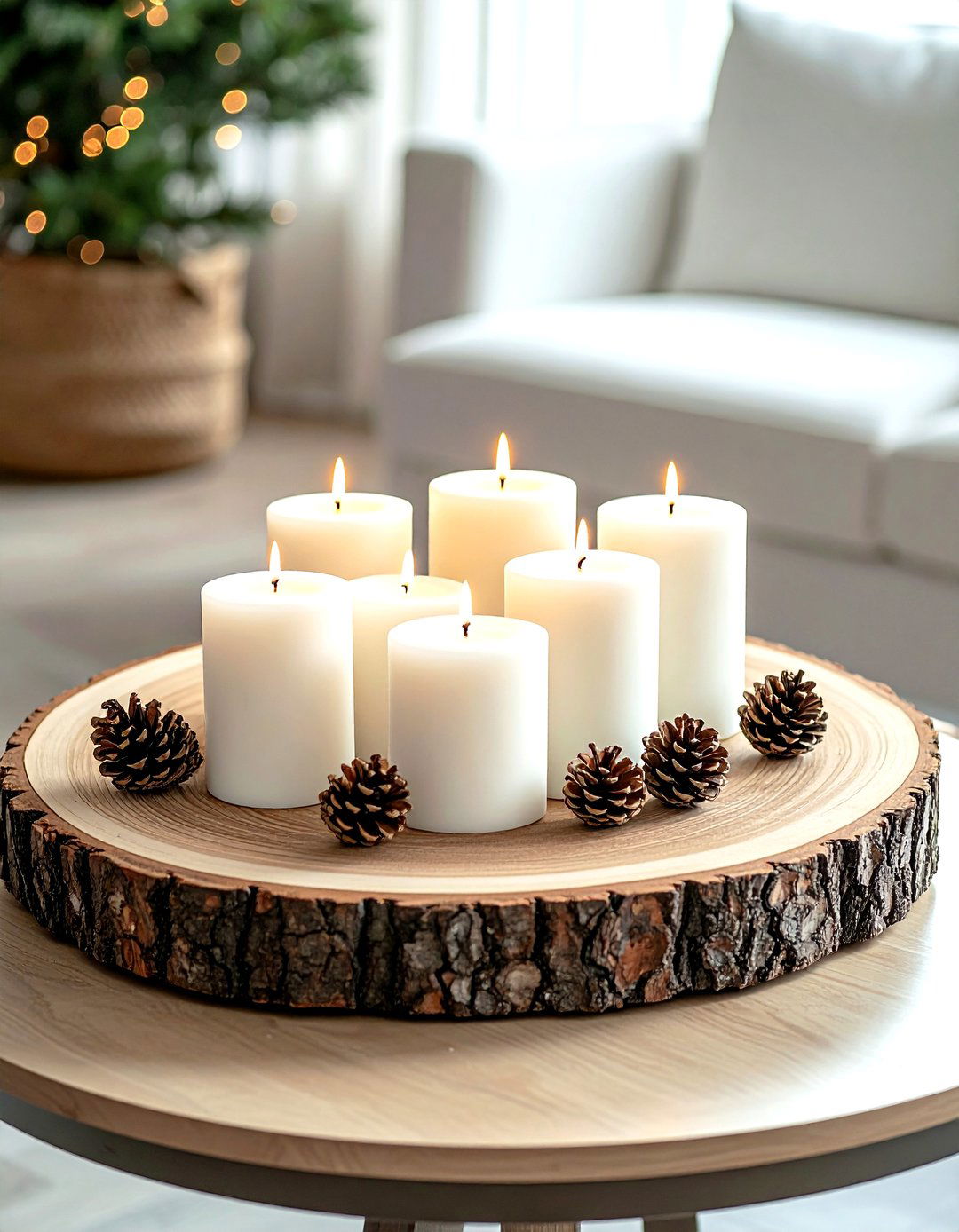 Wood Slice Candle Display - 30 living room candle ideas