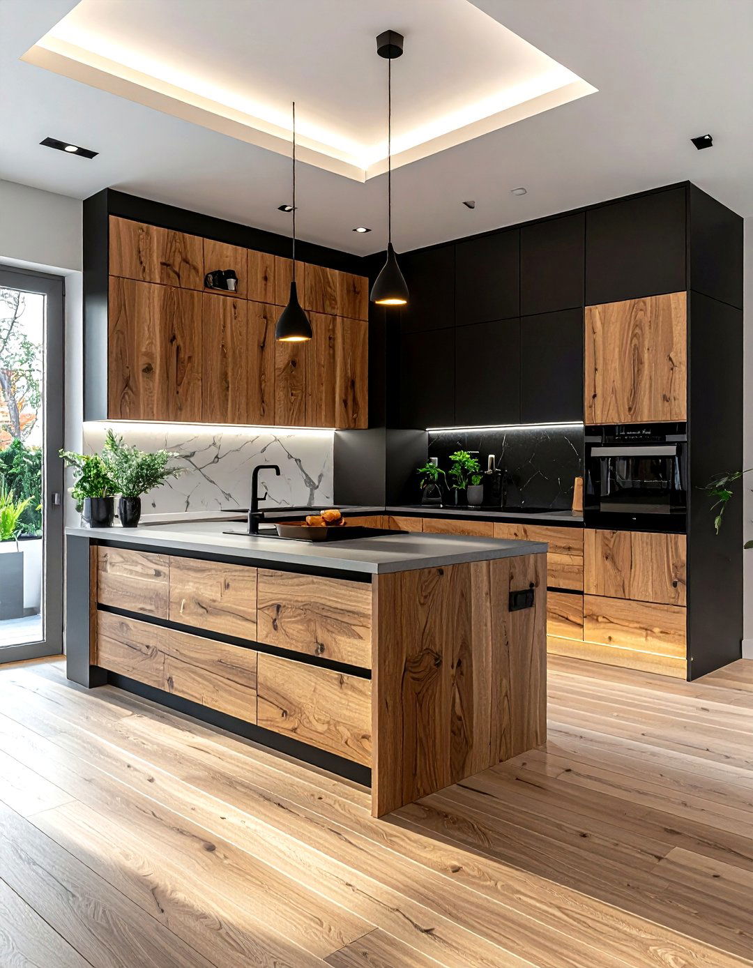 Wood and black kitchen - 30 two-tone cabinet kitchen ideas