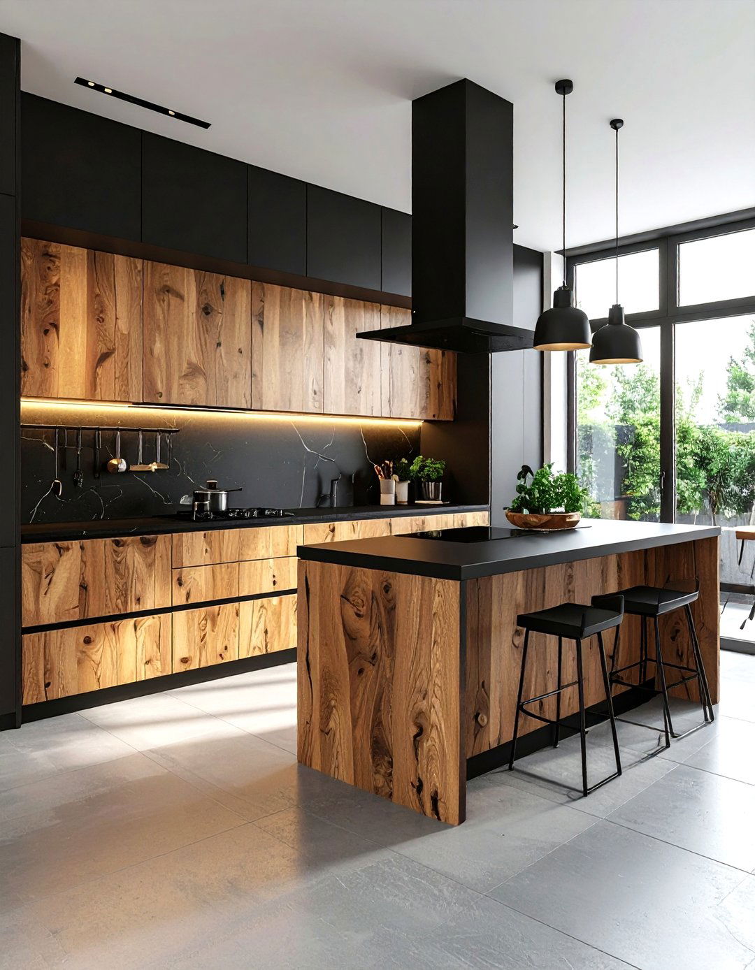 Wood and black kitchen - 30 natural wood kitchen cabinet ideas