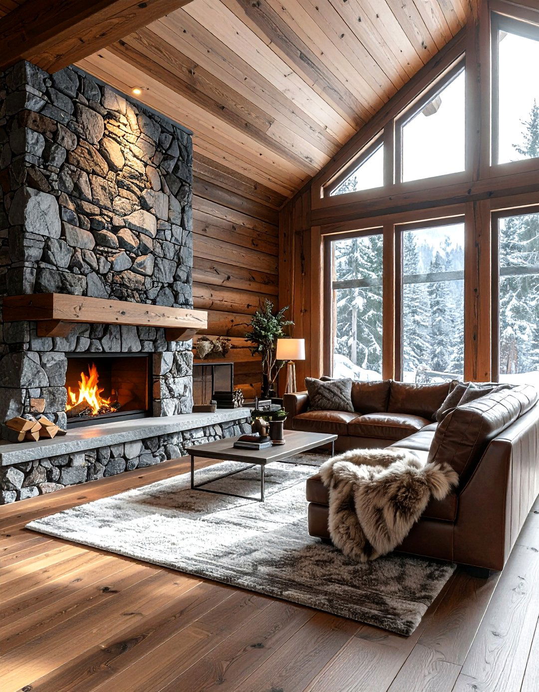 Wood and stone wall - 30 living room wood wall ideas