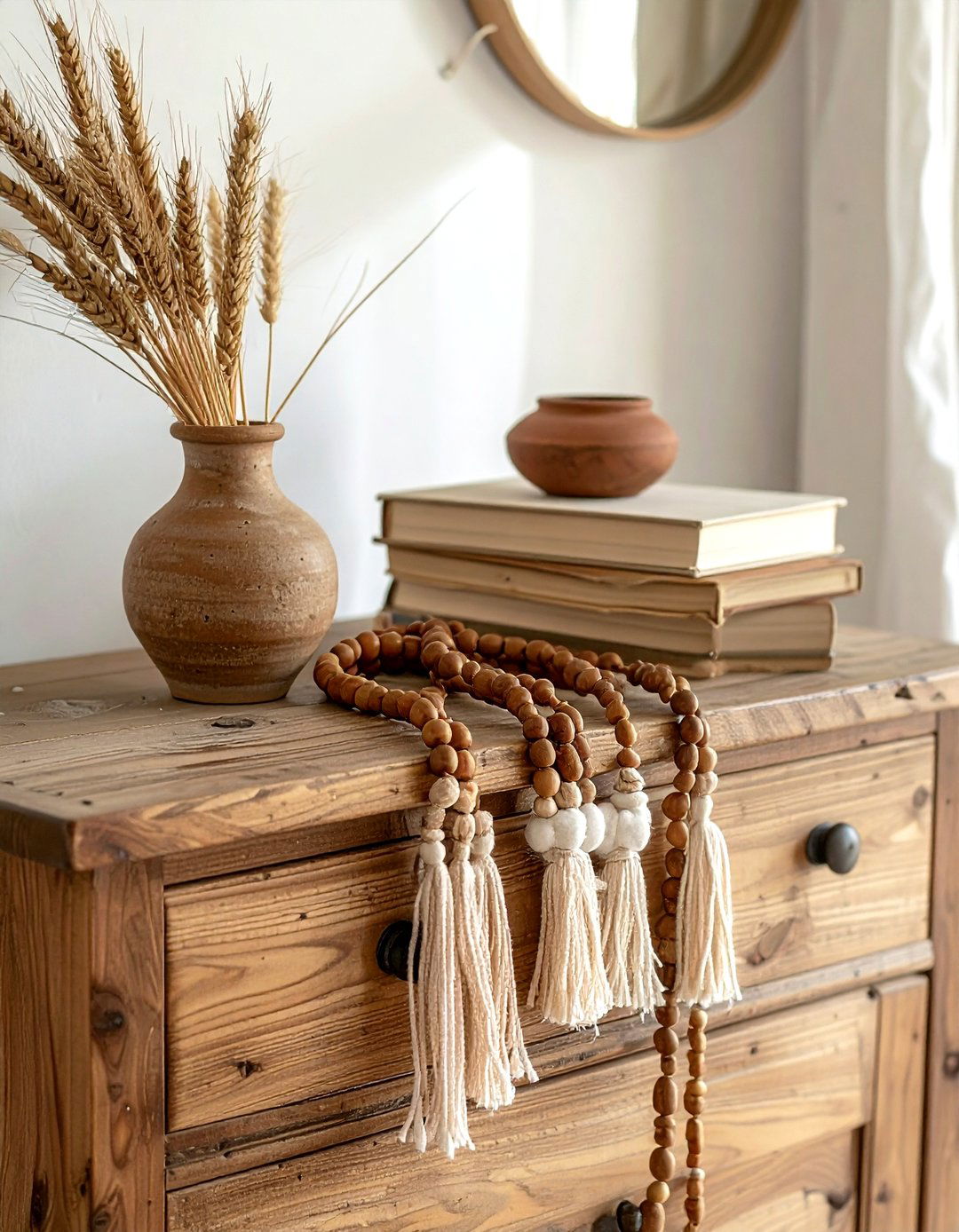 Wood bead dresser garland - 30 dresser vignette ideas