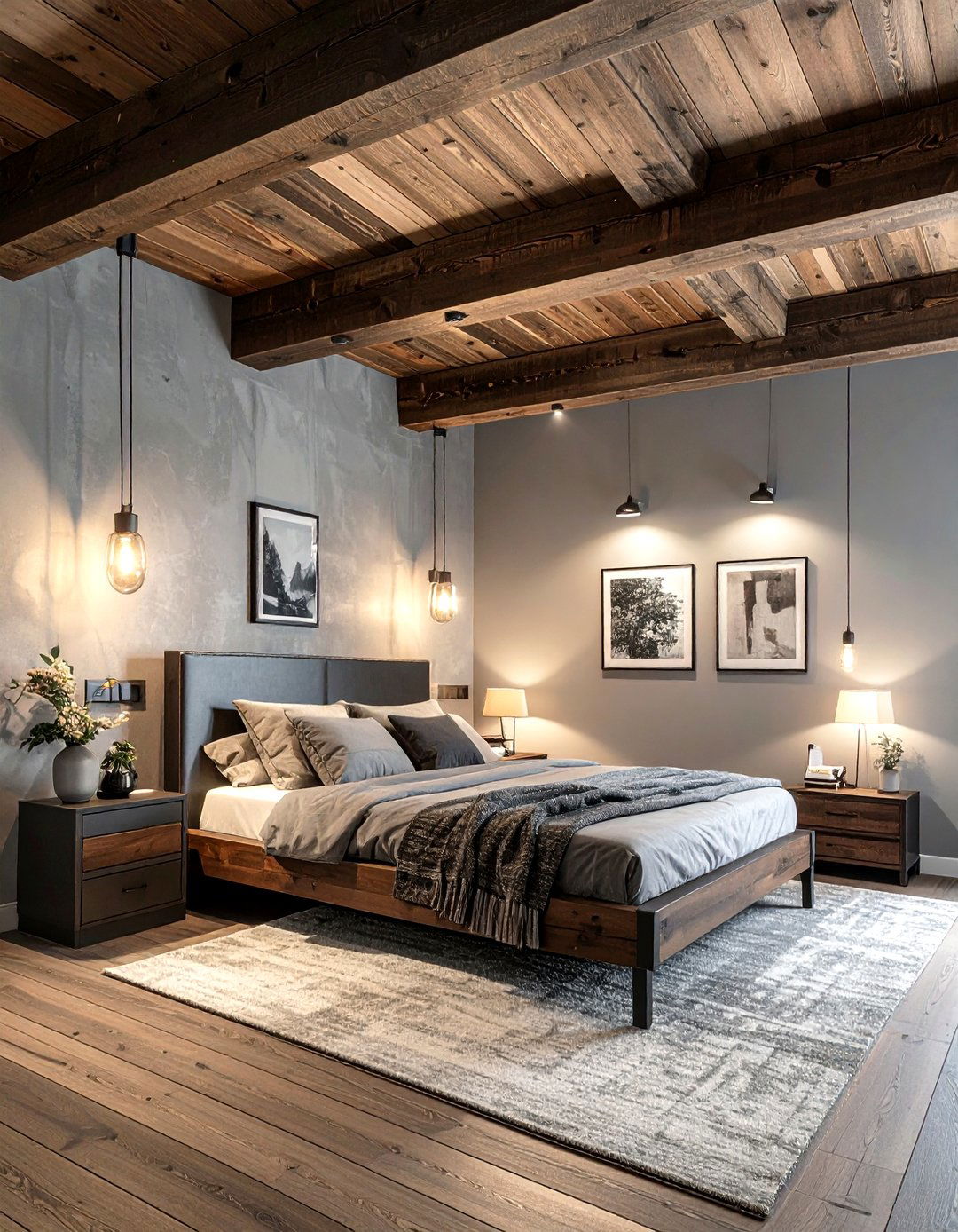 Wood beam ceiling - 30 industrial grey bedroom ideas