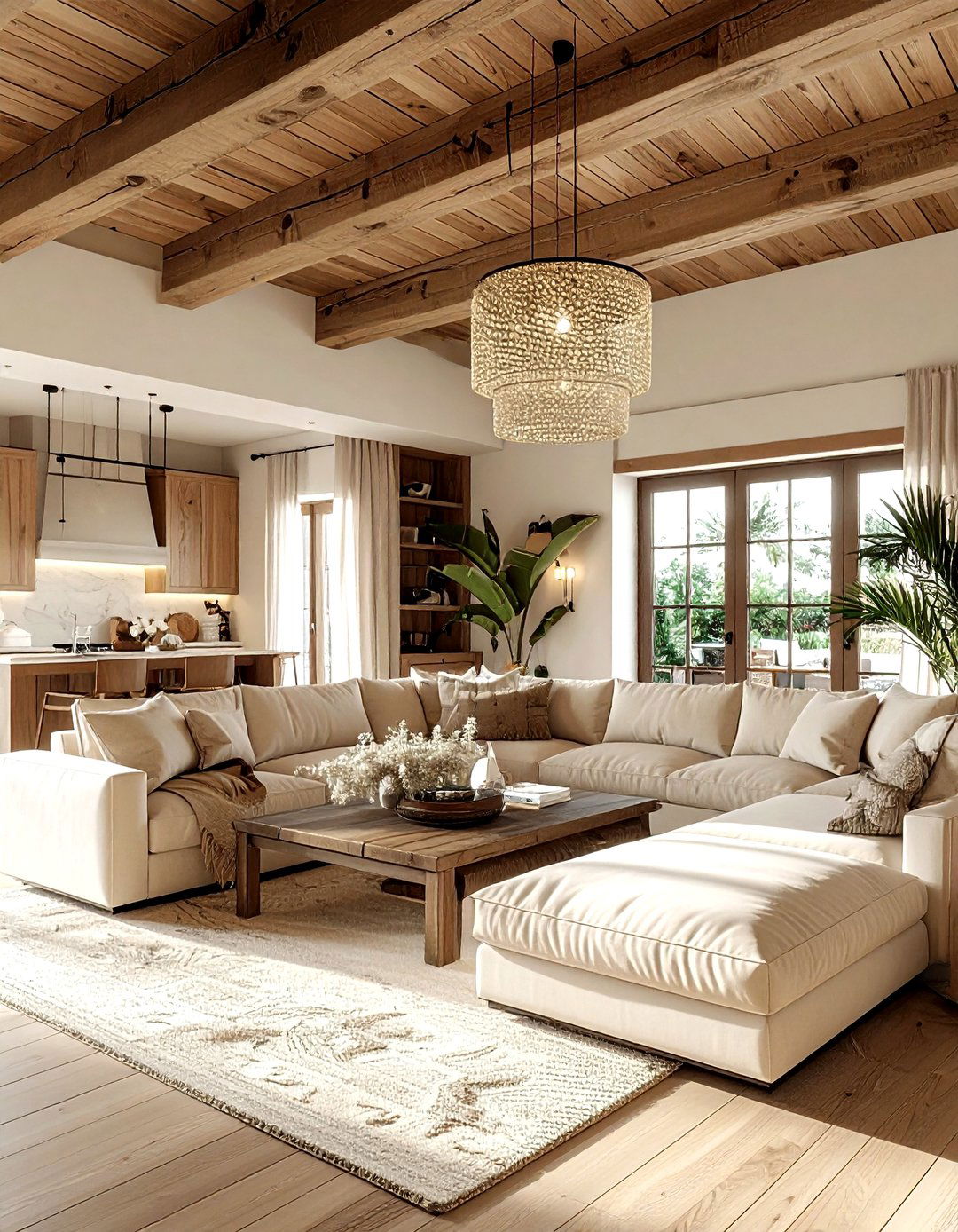 Wood beam ceiling living room - 30 bohemian beige living room ideas