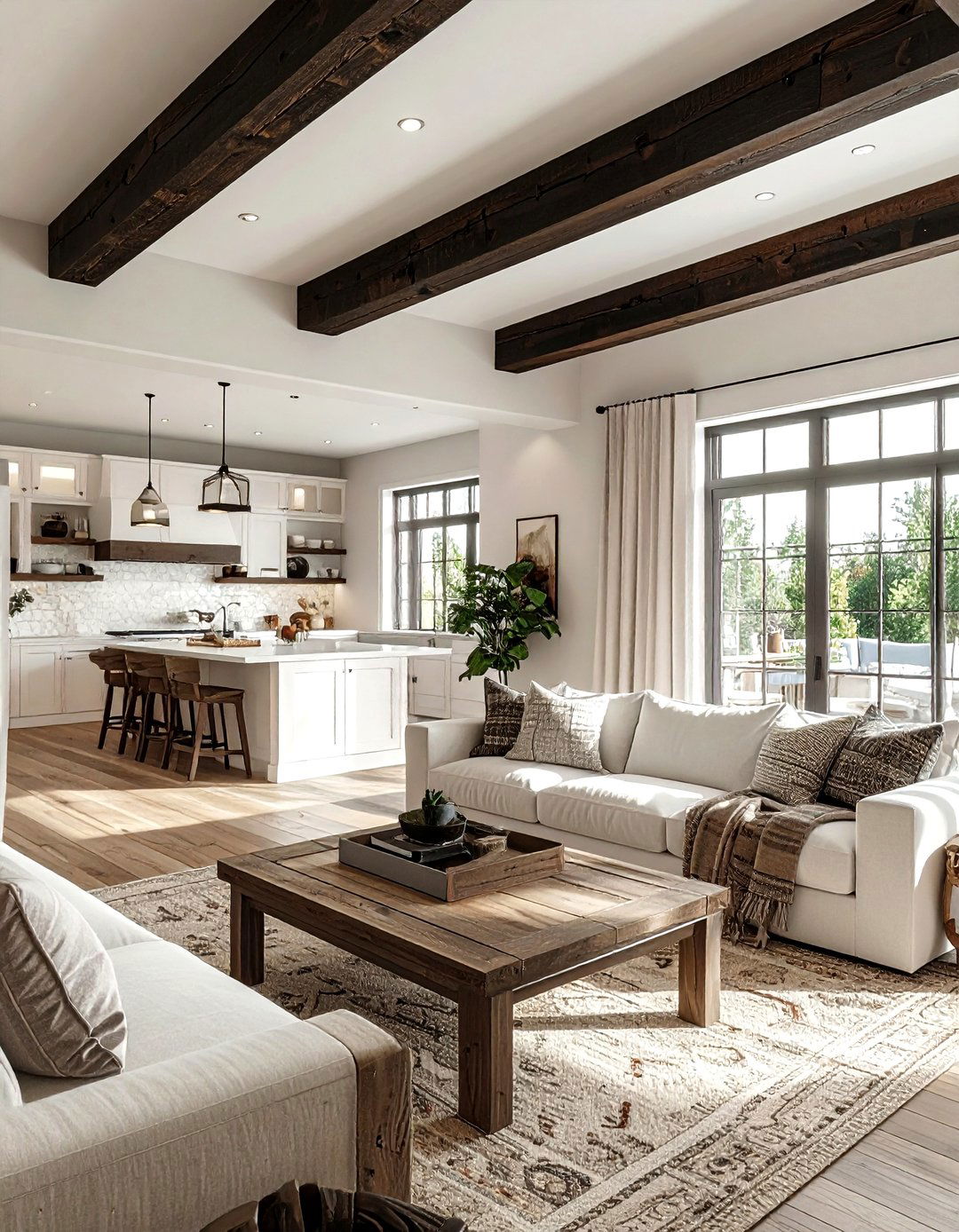 Wood beam open layout - 30 living room kitchen combo ideas