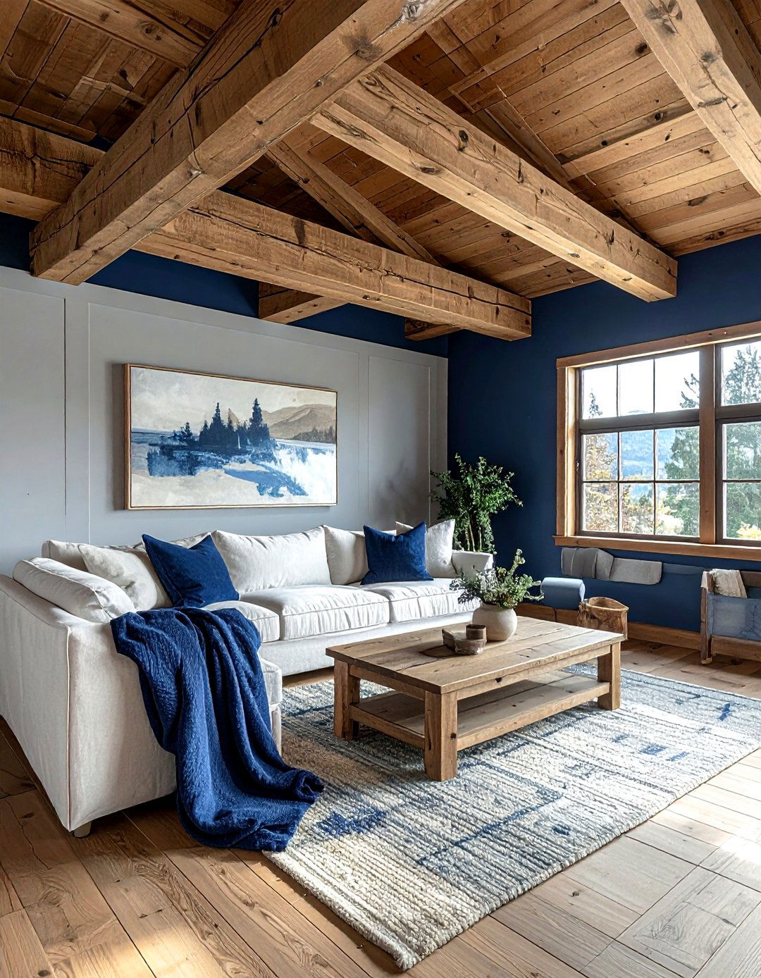 Wood ceiling navy walls - 30 scandinavian navy living room ideas