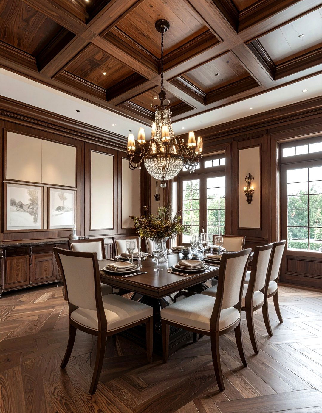 Wood coffered ceiling - 30 Tudor dining room ideas