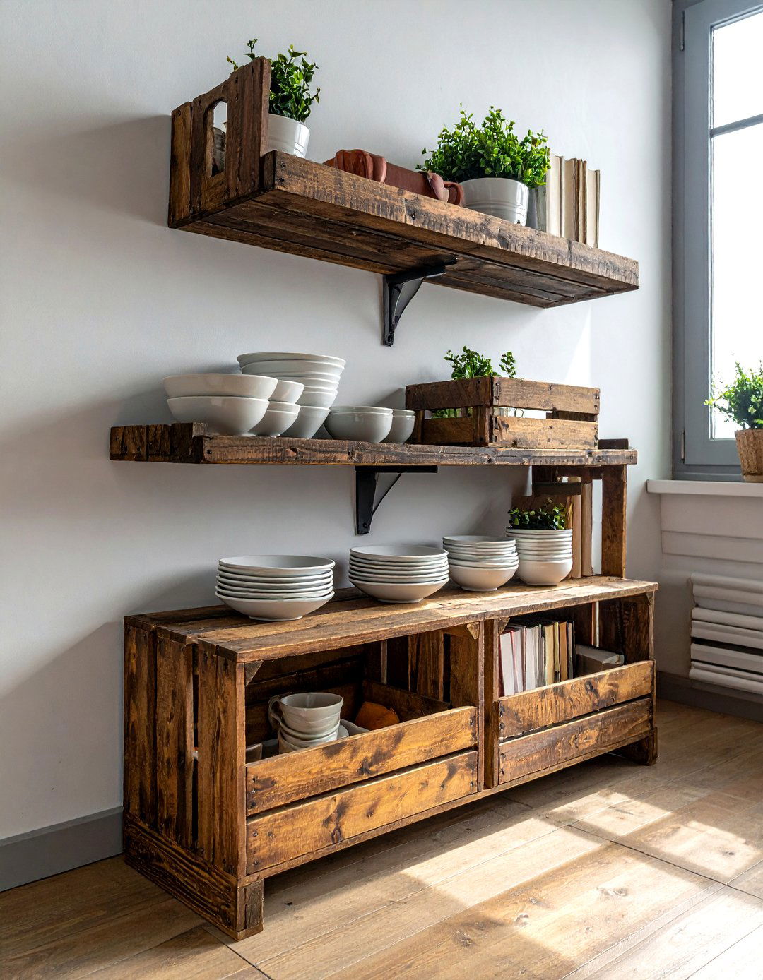 Wood crate shelf - 30 upcycled dining room ideas