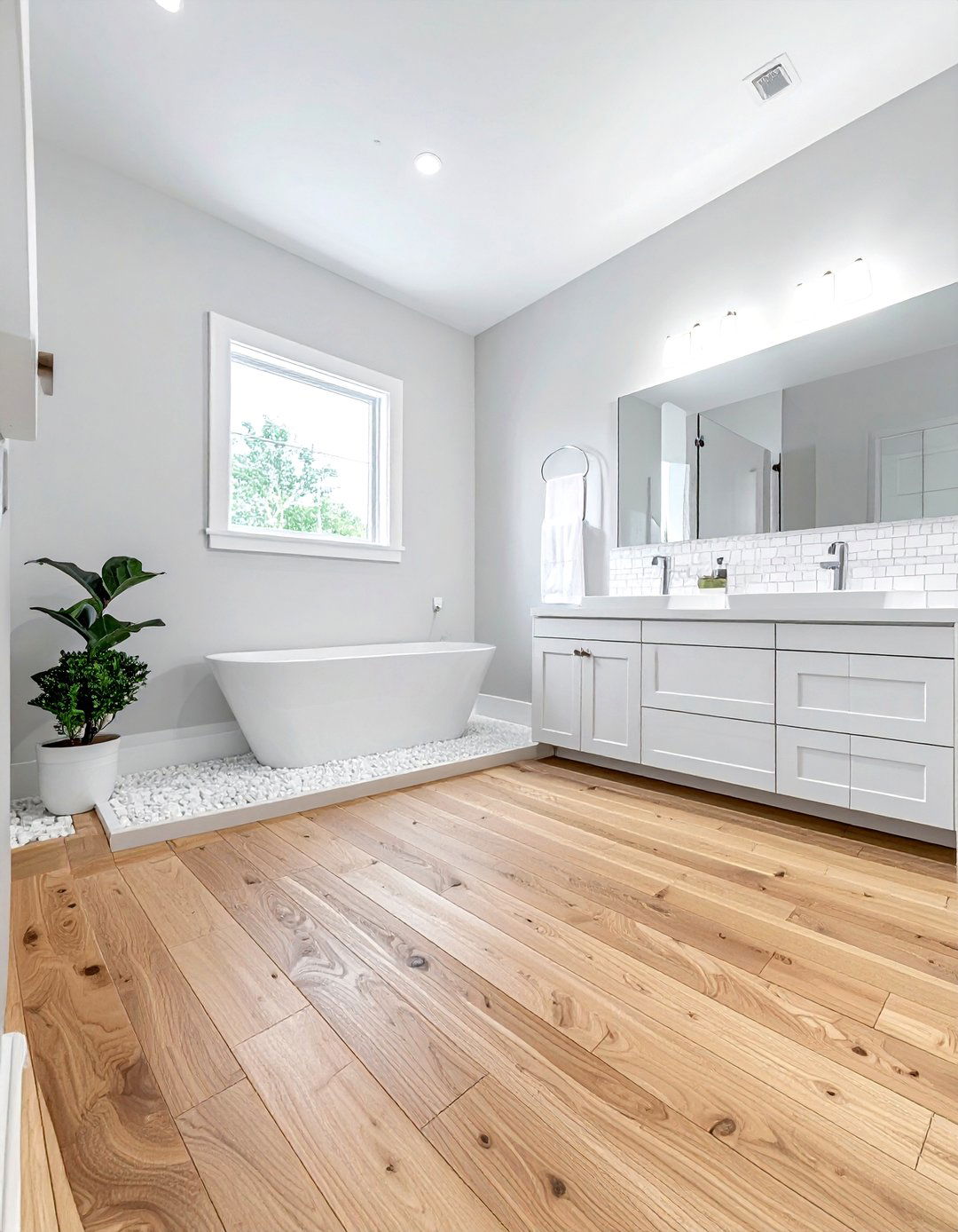 Wood floor penny tile transition - 30 penny tile bathroom ideas