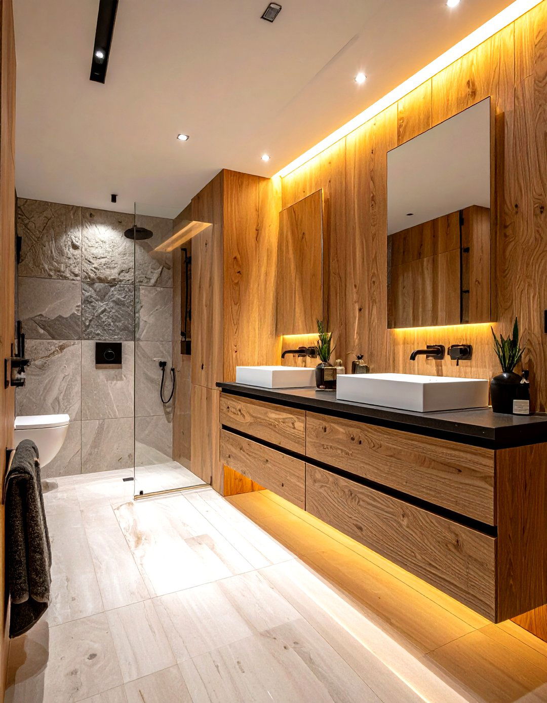 Wood grain bathroom stalls - 30 toilet partition ideas