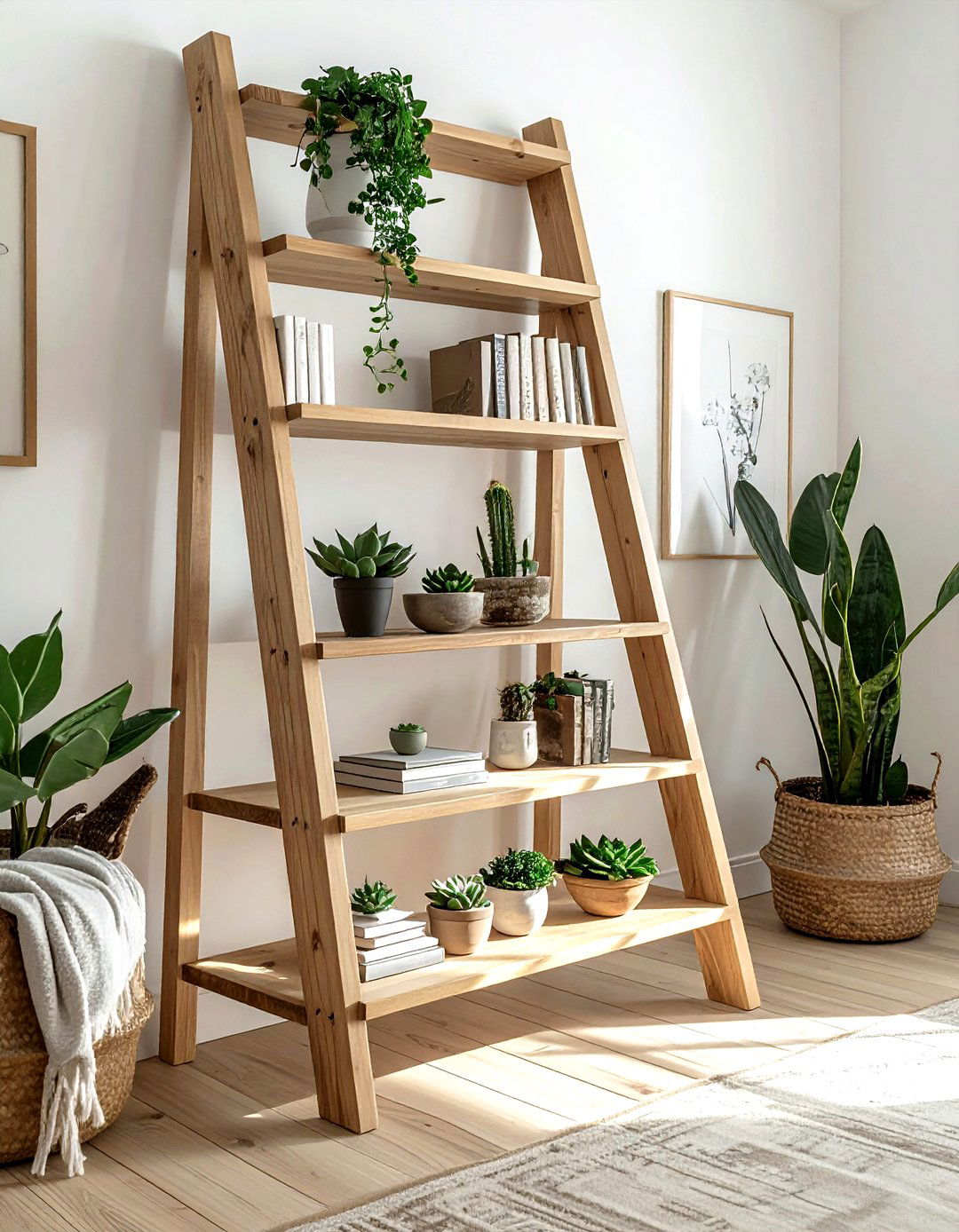 Wood ladder bookshelf - 30 book collection display ideas