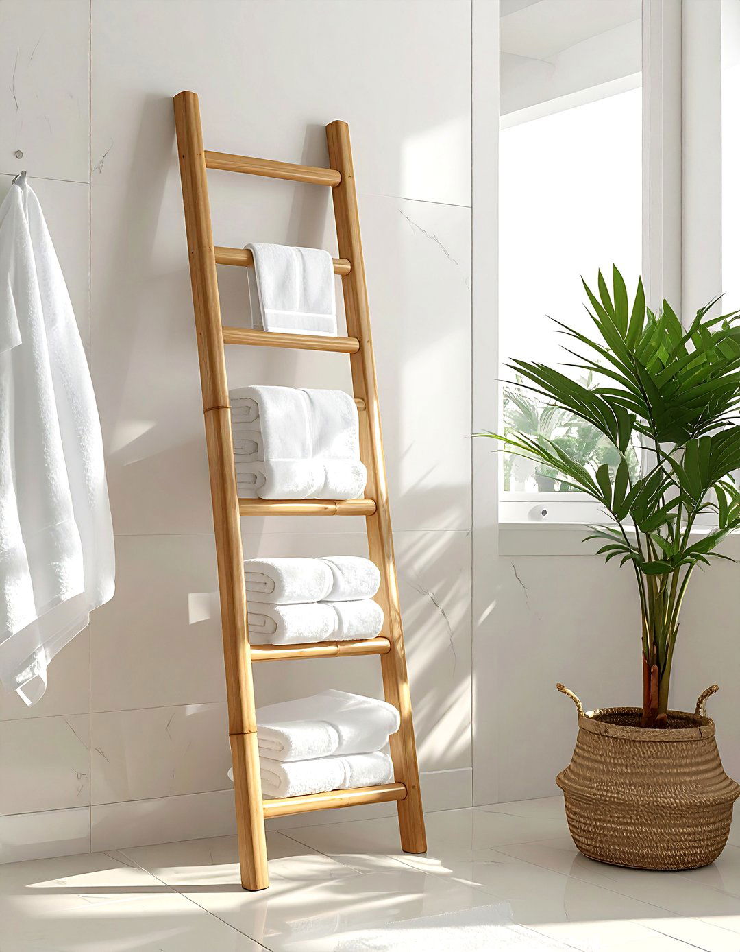 Wood ladder towel rack - 30 wood decor ideas
