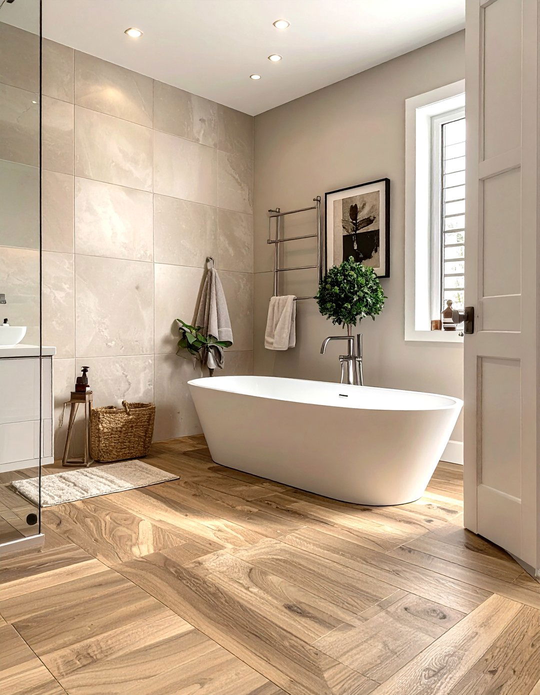 Wood look tile bathroom - 30 brushed nickel bathroom ideas