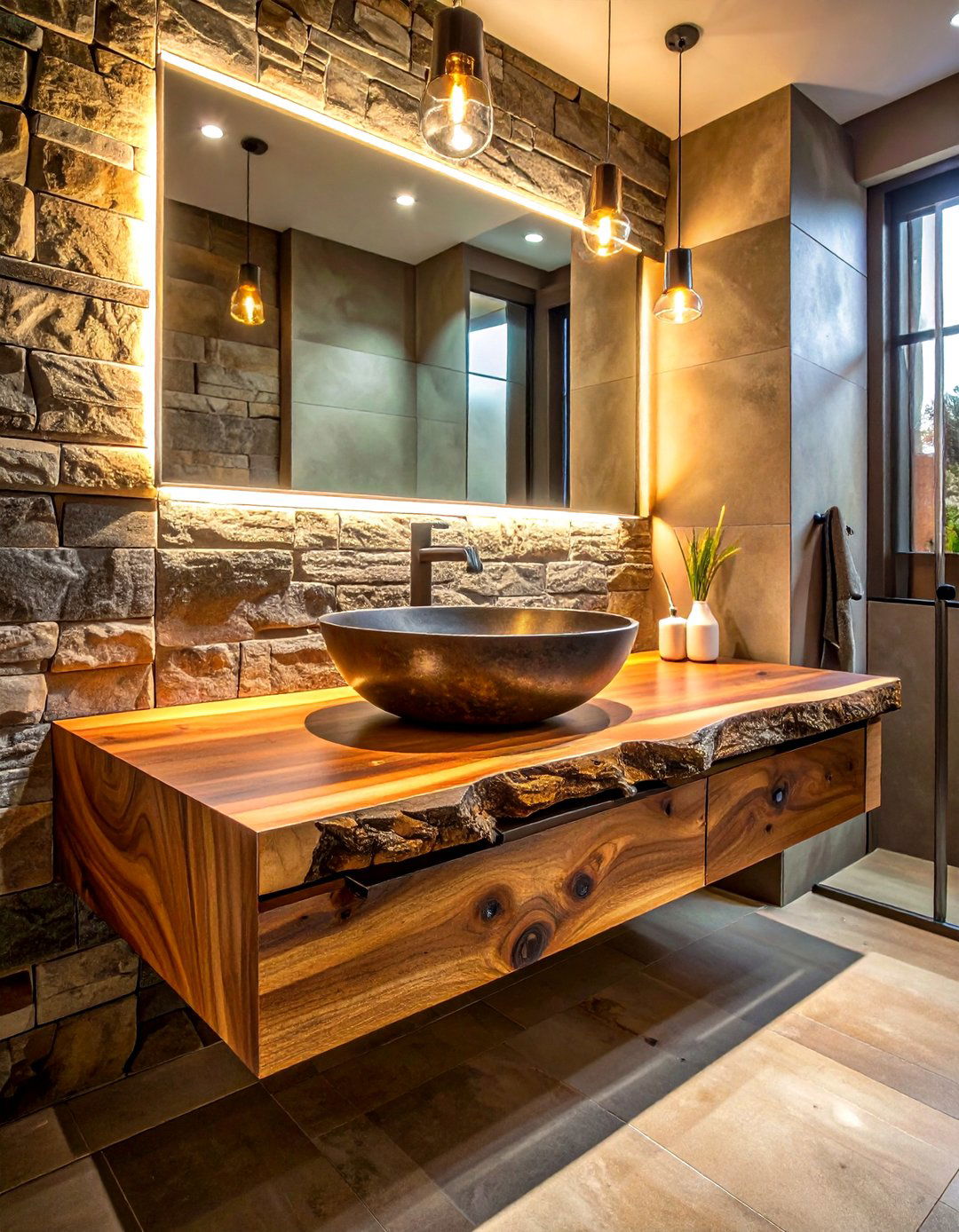 Wood slab vanity vessel sink - 30 vessel sink ideas