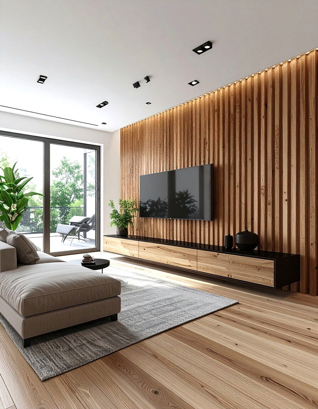 Wood slat accent wall - 30 living room backsplash ideas