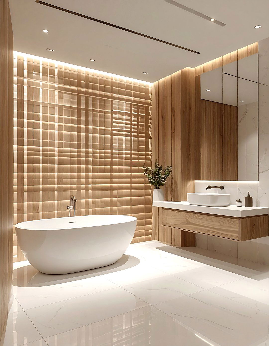 Wood slat bathroom wall - 30 brown and white bathroom ideas