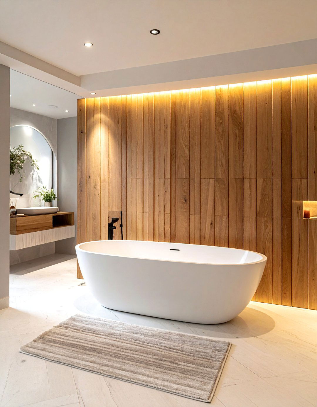 Wood slat bathroom wall - 30 bathroom renovation before and after