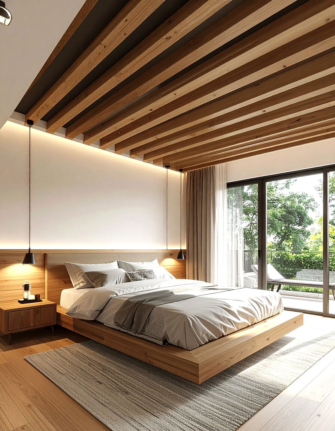 Wood slat ceiling - 30 bedroom ceiling design ideas