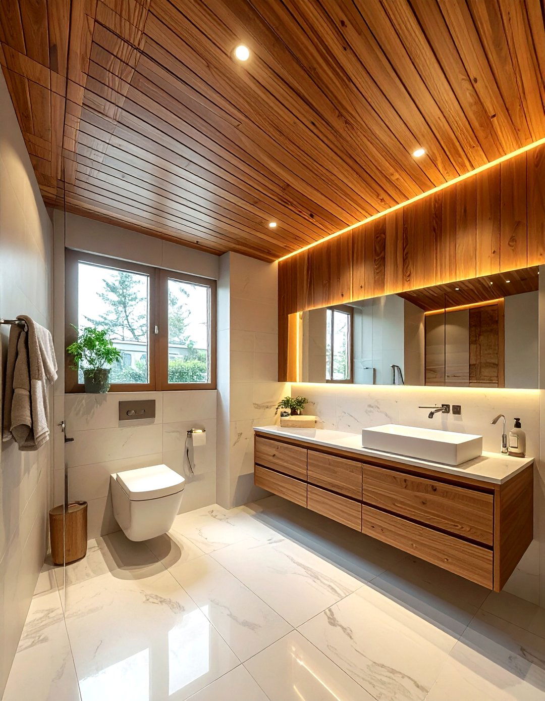 Wood slat ceiling - 30 tiny bathroom ideas