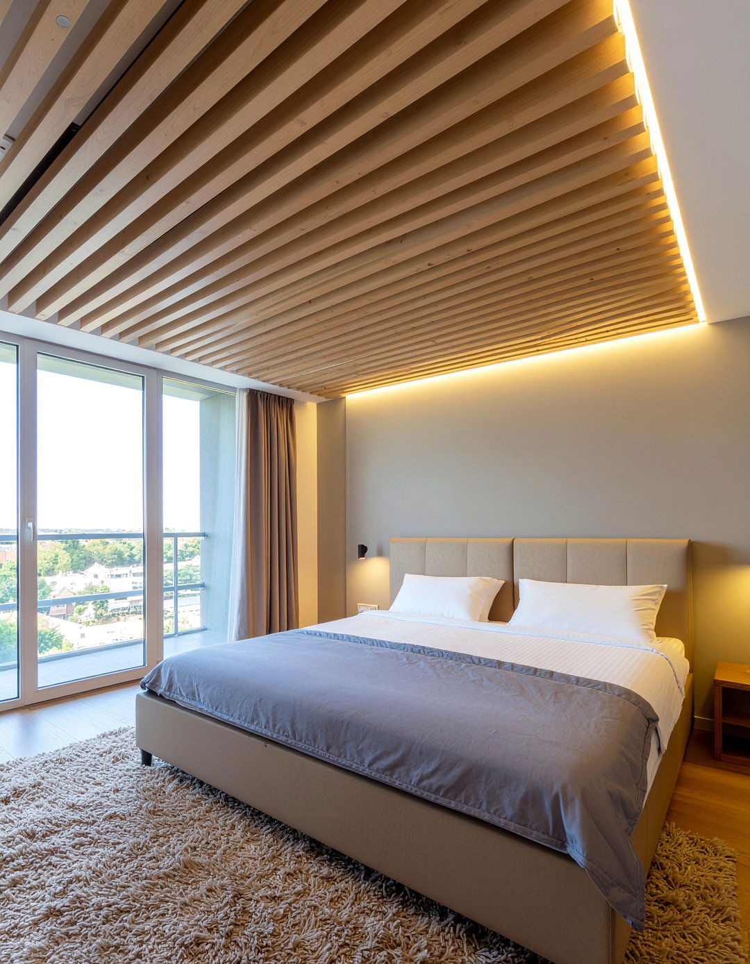 Wood slat ceiling - 30 high ceiling bedroom ideas