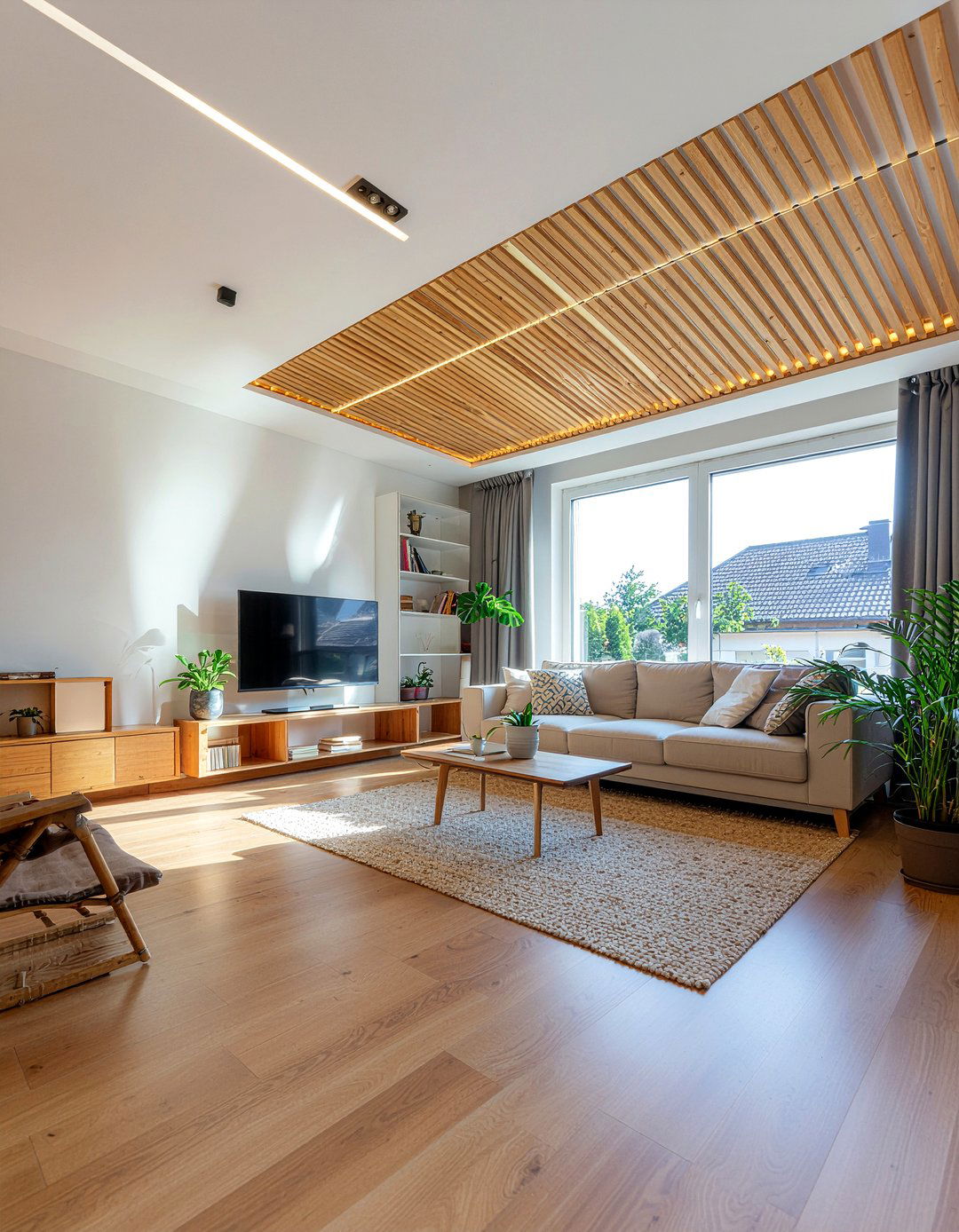 Wood slat ceiling living room - 30 living room suspended ceiling ideas