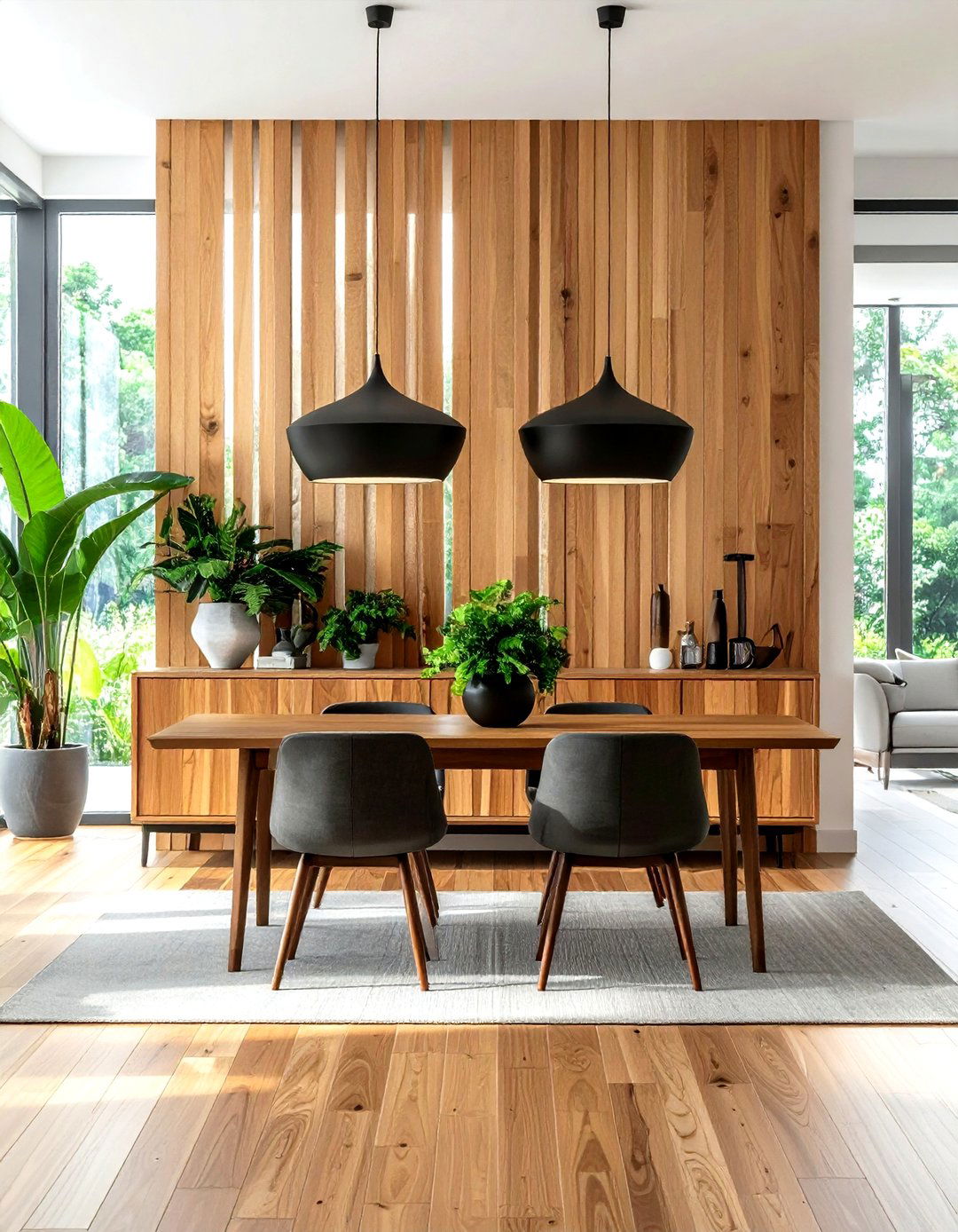 Wood slat feature wall - 30 dining room backsplash ideas