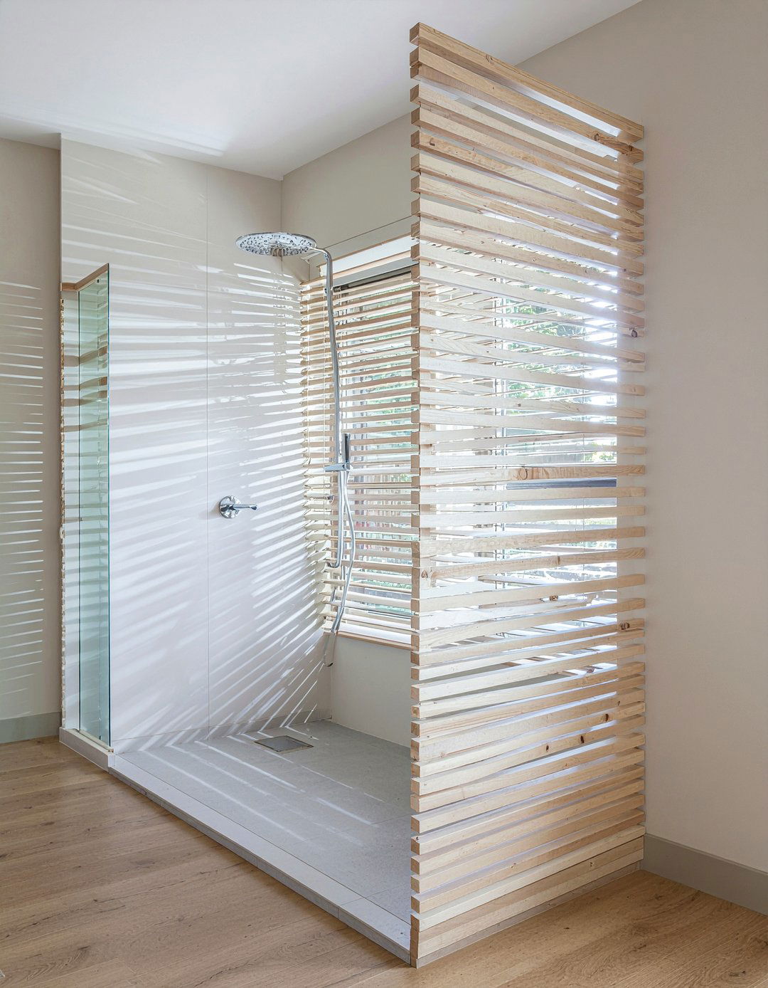Wood slat partition - 30 bathroom half wall ideas