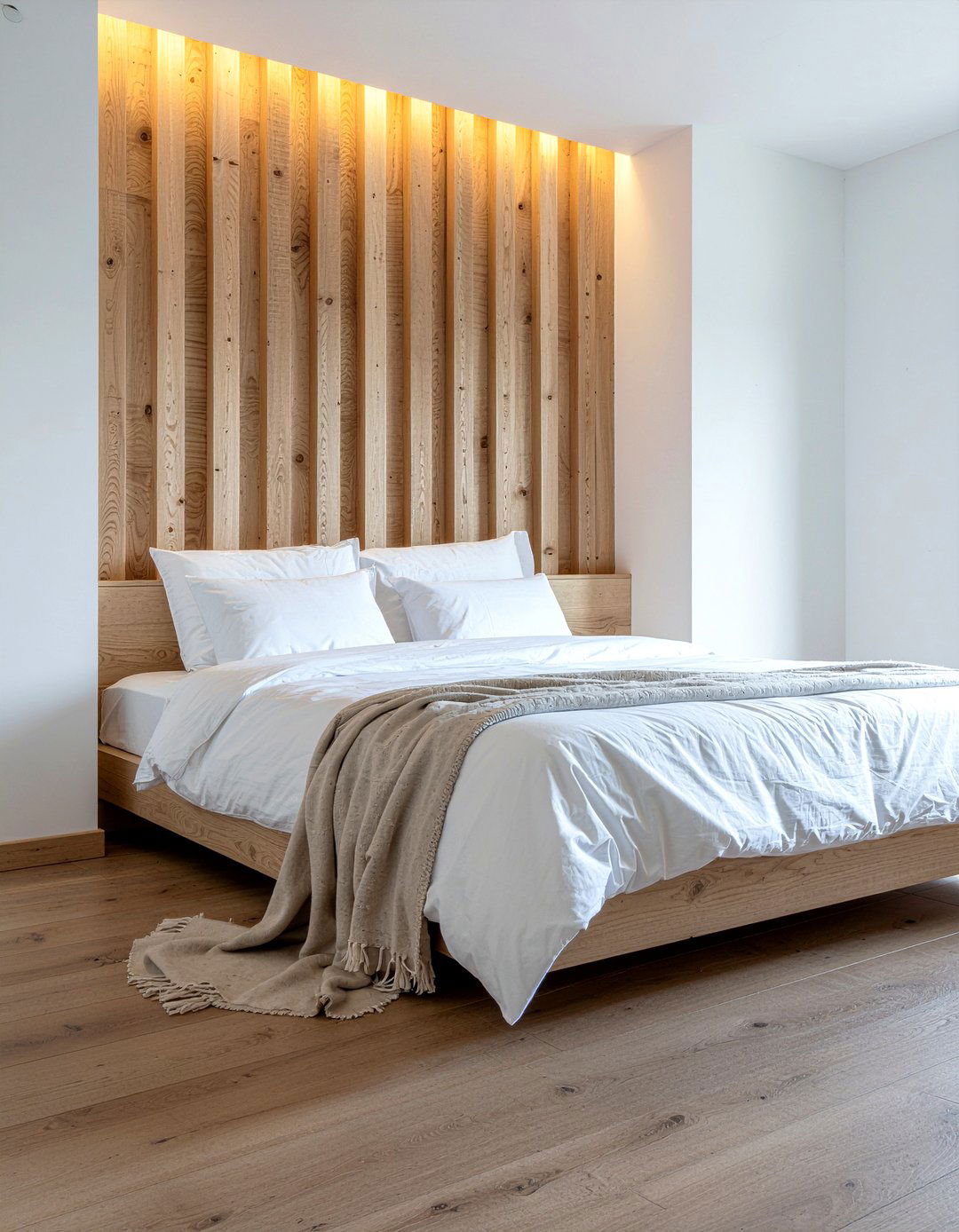 Wood slat wall - 30 warm minimalist bedroom ideas