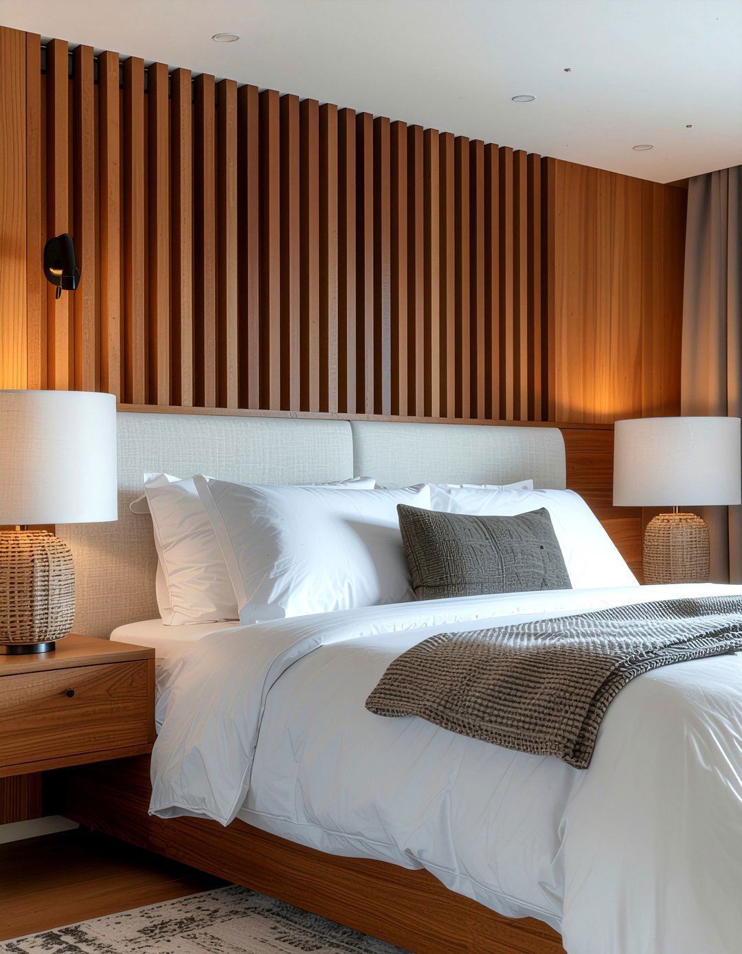 Wood slat wall paneling - 30 bedroom texture layering ideas
