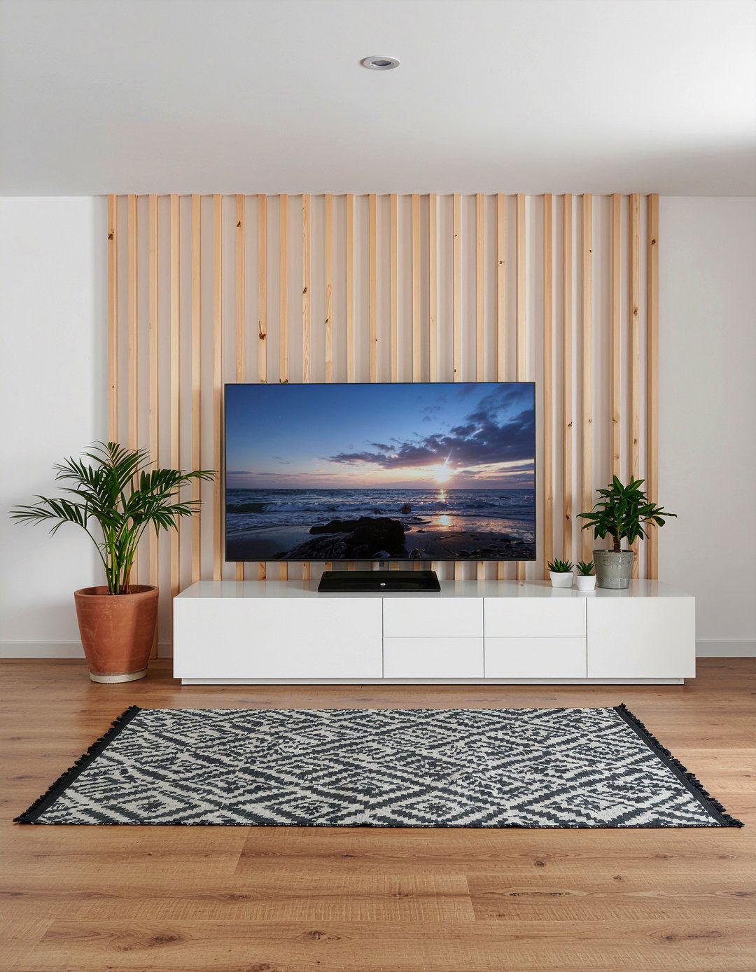 Wood slat wall tv - 30 living room wall mounted tv ideas