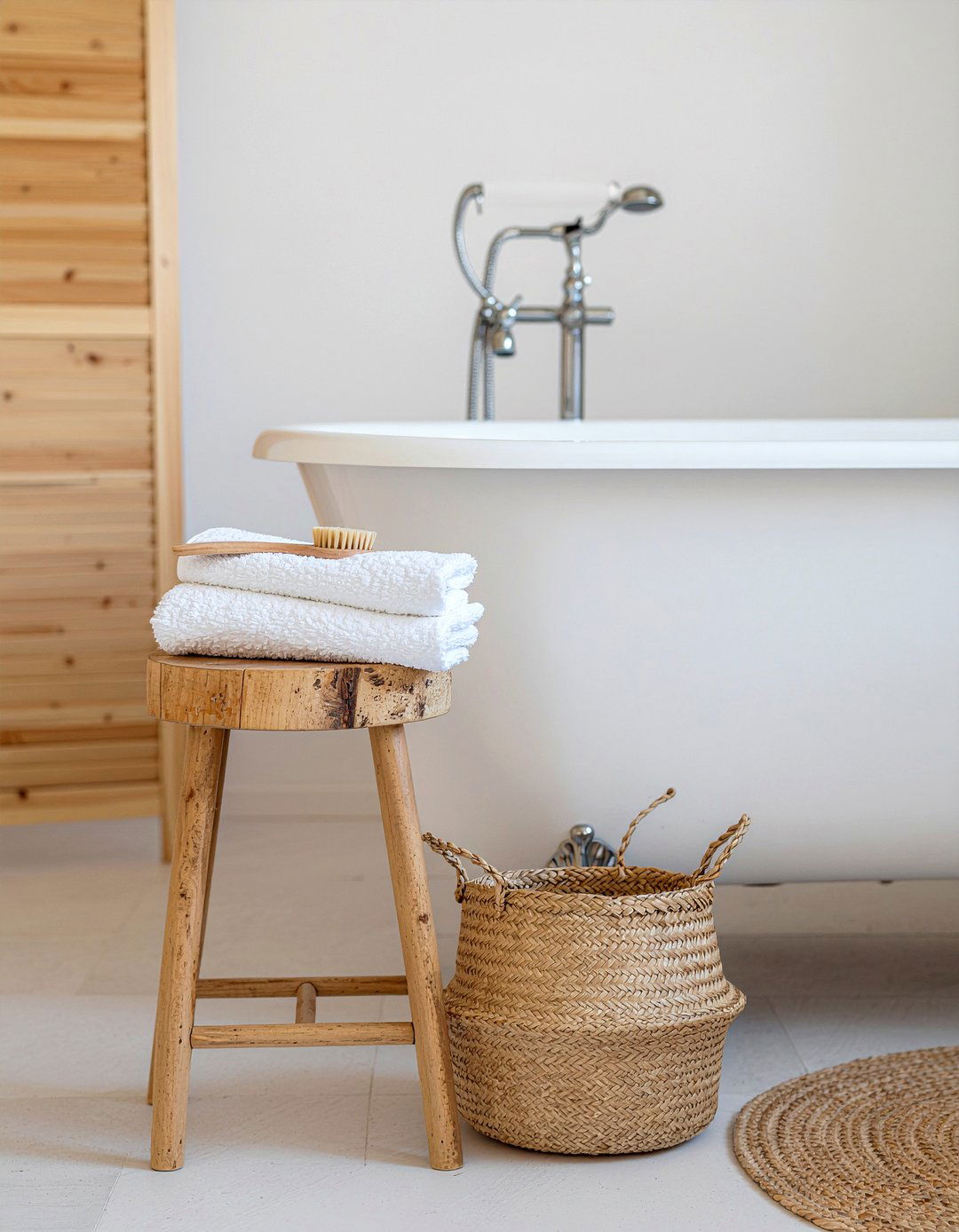 Wood stool by bathtub - 30 bathroom layering ideas