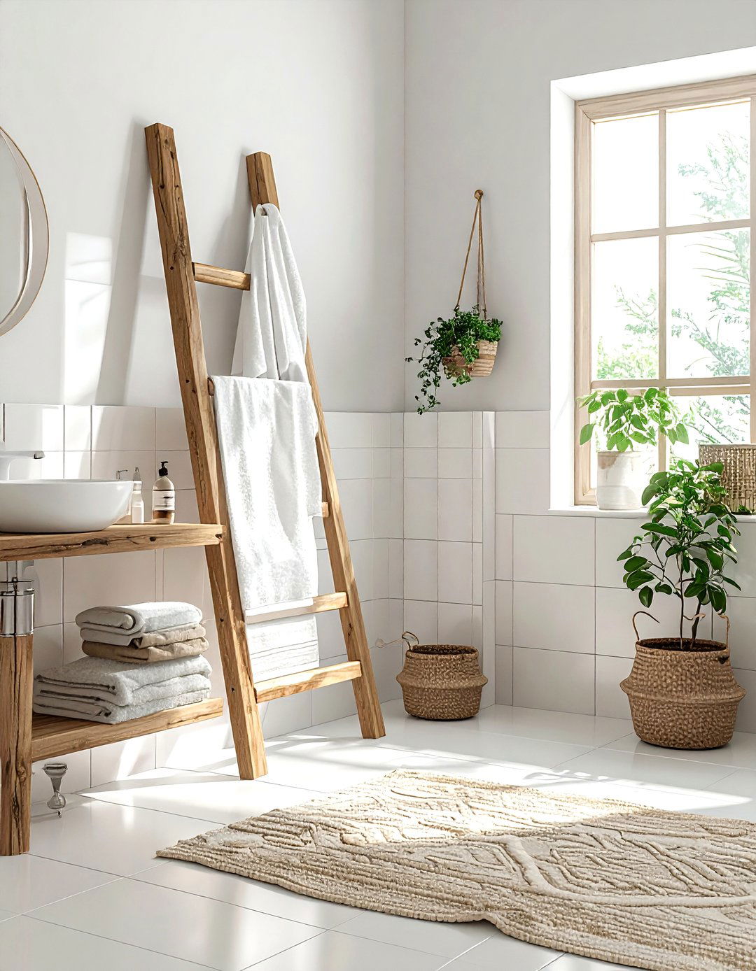 Wood towel ladder - 30 wood accent bathroom ideas